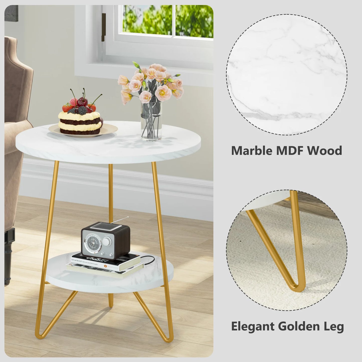 Tribesigns Faux Marble End Table, 2 Tier Round Side Table with Shelves, Modern Nightstand Bedside Table Small Coffee Table