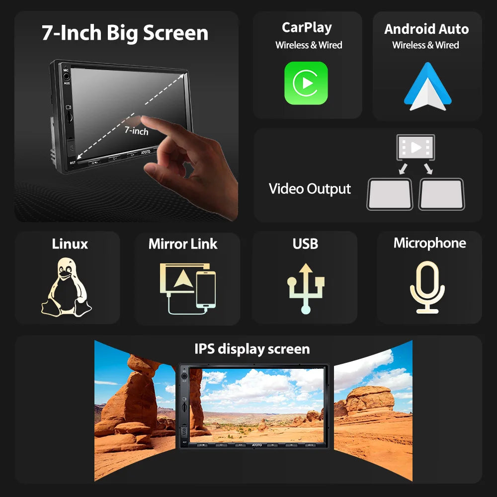 ATOTO 7 Inch Car Touch Screen 2din Car Radio Android Auto Wireless CarPlay Double DIN Linux USB Universal Car Stereo Bluetooth