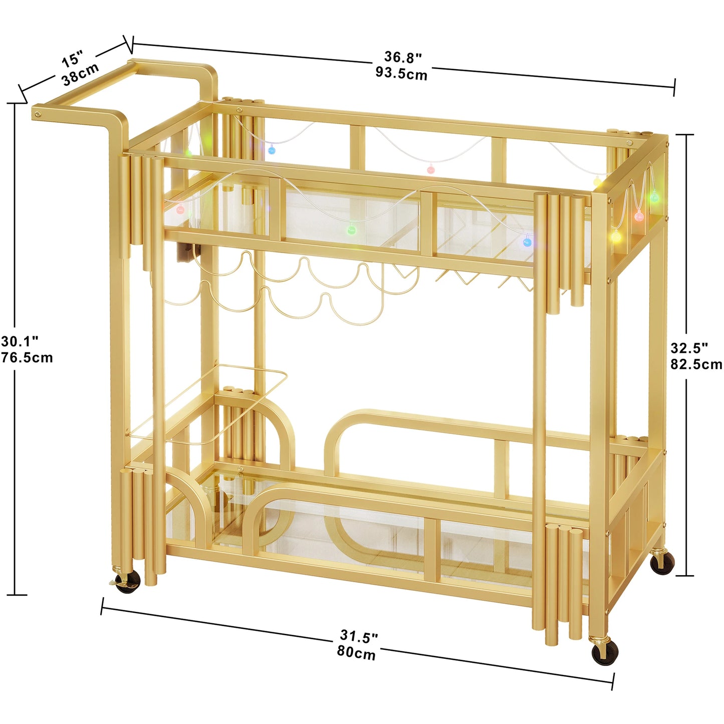 IRONCK Bar Cart Gold, Home Bar Serving Cart with Led Bulb and Wine Rack Glass Holders, 2 Toughened Glass Shelves, for Kitchen, D