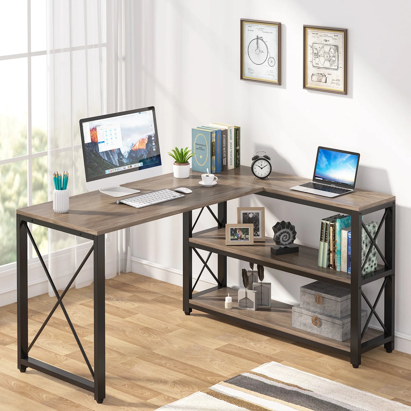 Tribesigns Reversible Industrial L-Shaped Desk with Storage Shelves, Corner Computer Desk PC Laptop Study Table Workstation