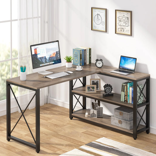 Tribesigns Reversible Industrial L-Shaped Desk with Storage Shelves, Corner Computer Desk PC Laptop Study Table Workstation