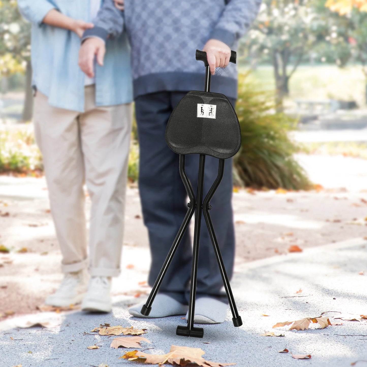 Portable Folding Walking Cane with Tripod Chair Seat Stool Heavy Duty Adjustable Walking Stick with Seat Folding