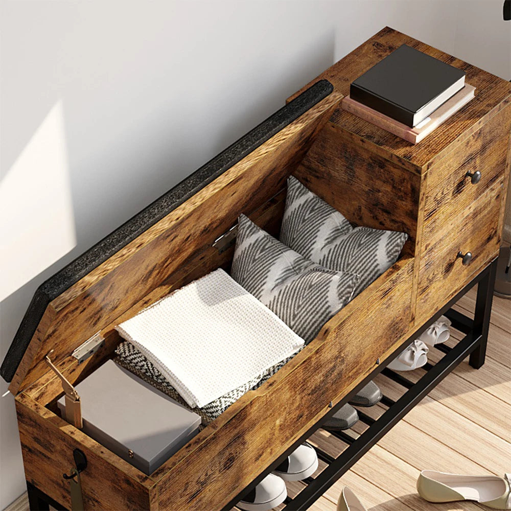 IRONCK Entryway Bench, Shoe Storage Bench with Flip Top Box and 2 Drawers, Shoe Rack with Removable Seat Cushion and Shoehorn