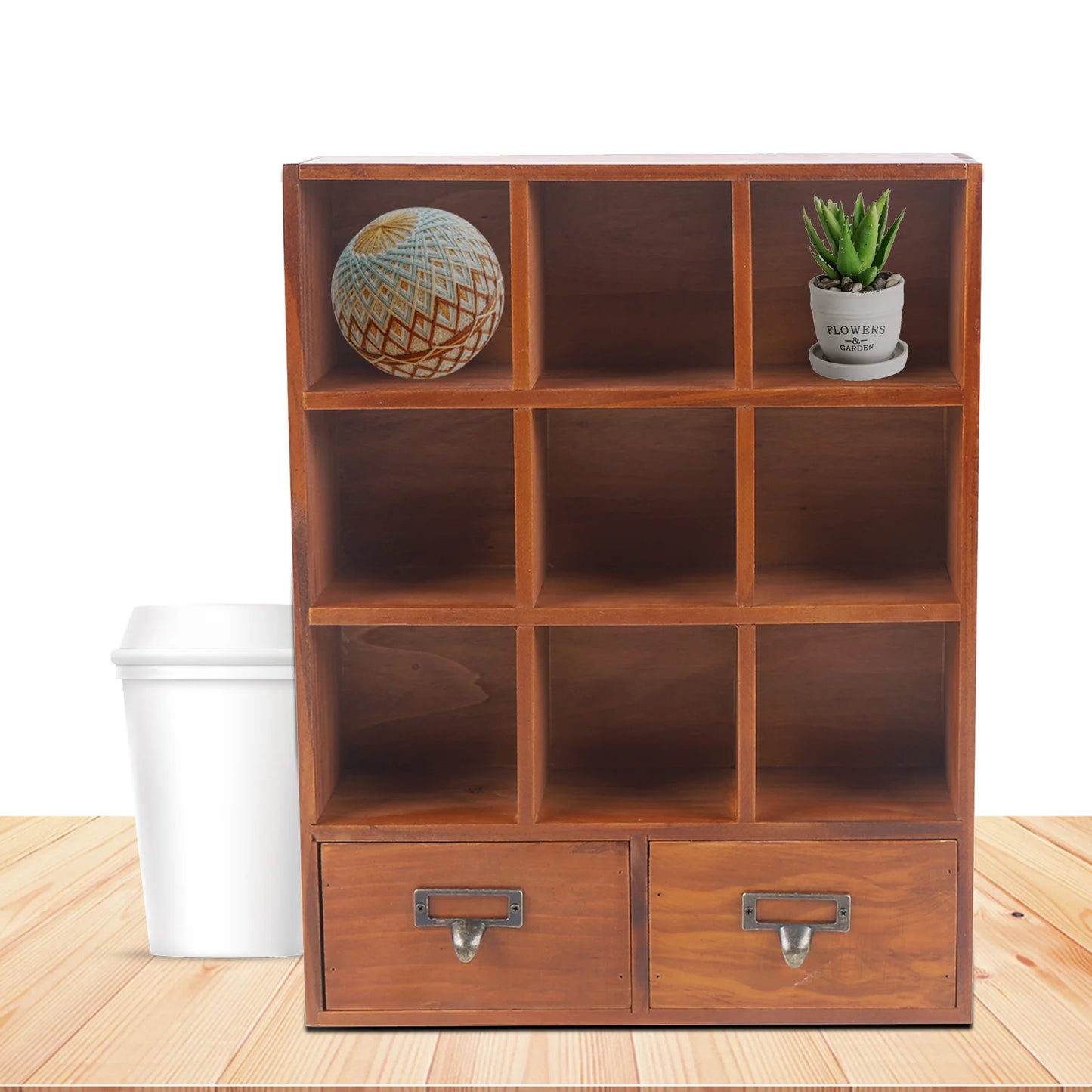 9-Cube 2 Drawers Pine Storage Organizer Display Cubby-style Shelf Brown