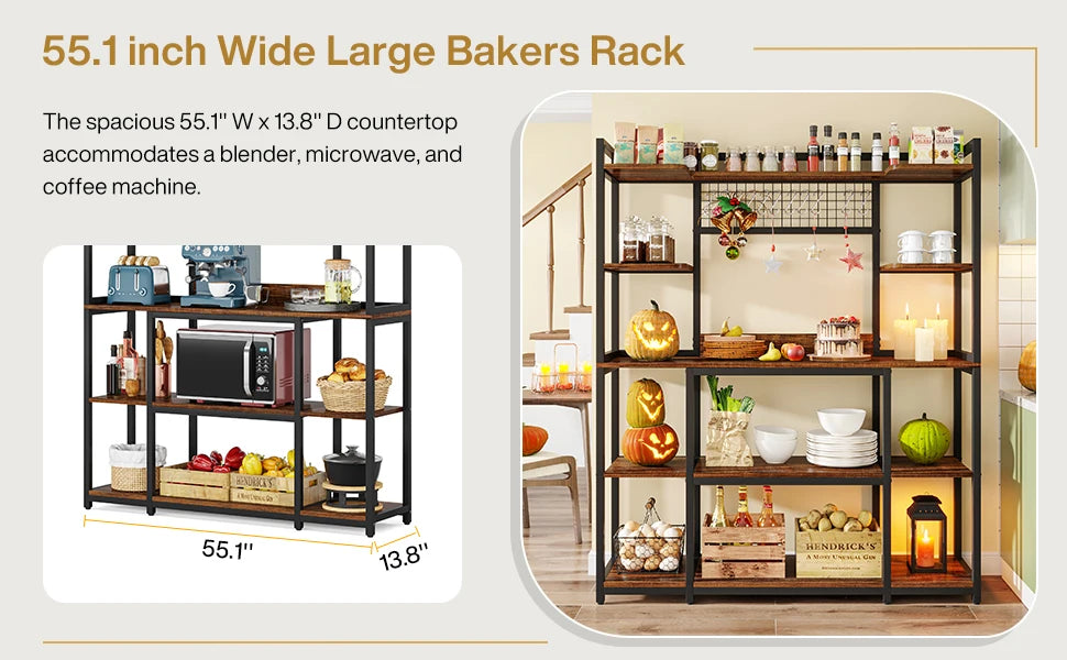 Tribesigns Large Bakers Rack, 55" Wide Kitchen Hutch Cabinet Microwave Stand with 11 Hooks, 5-Tier Baker’s Rack Kitchen Shelf