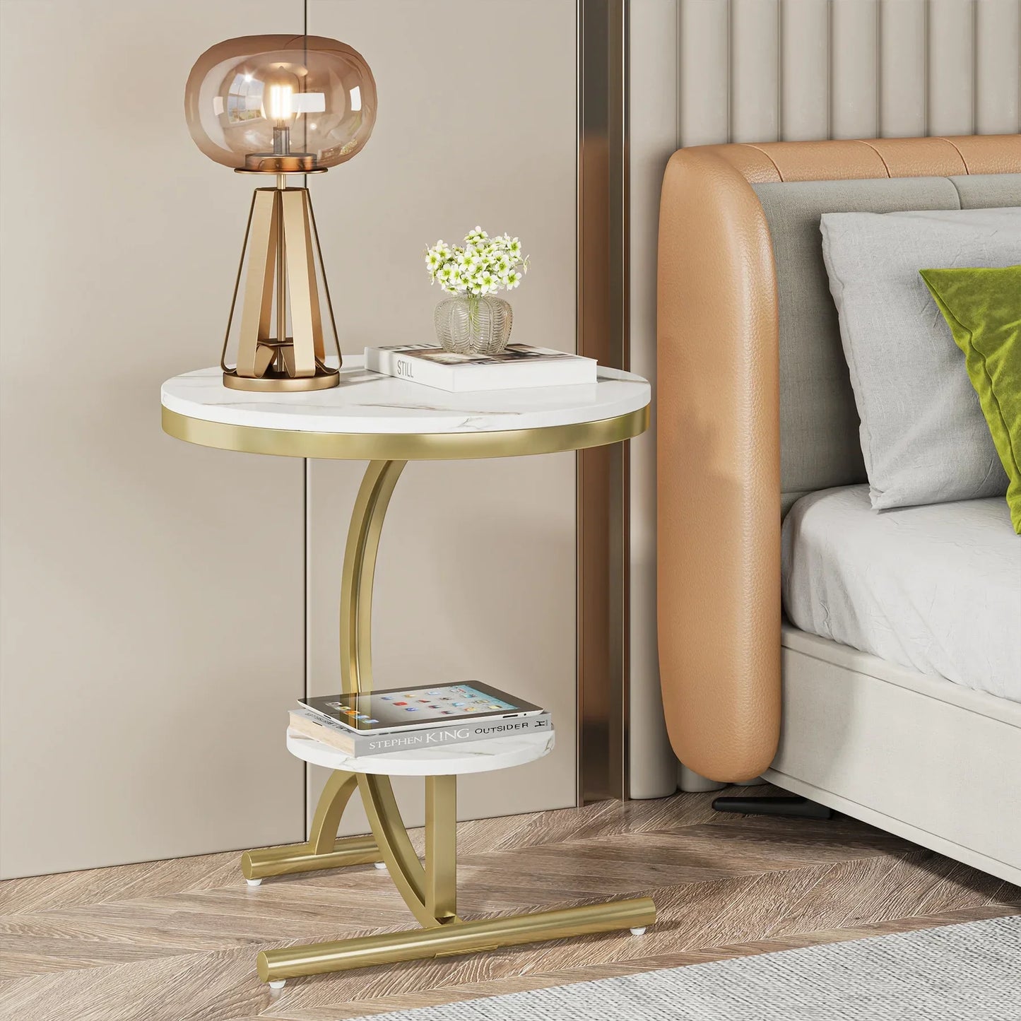 Tribesigns Faux Marble End Table, 2-Tier Round Sofa Side Table, 20'' Beside Table Storage Shelf C-Shaped Legs, Coffee Table