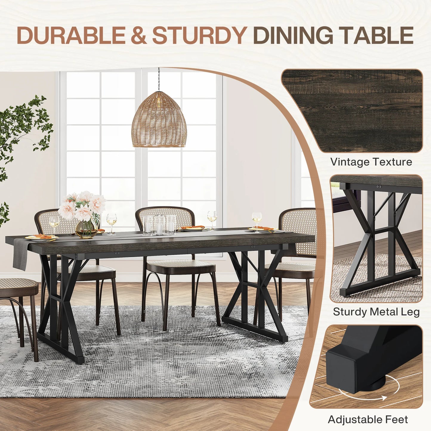 Tribesigns Dining Table for 6 People, 70.8-Inch Rectangular Wood Dining Table, Rustic Kitchen Table with Heavy Duty Metal Legs