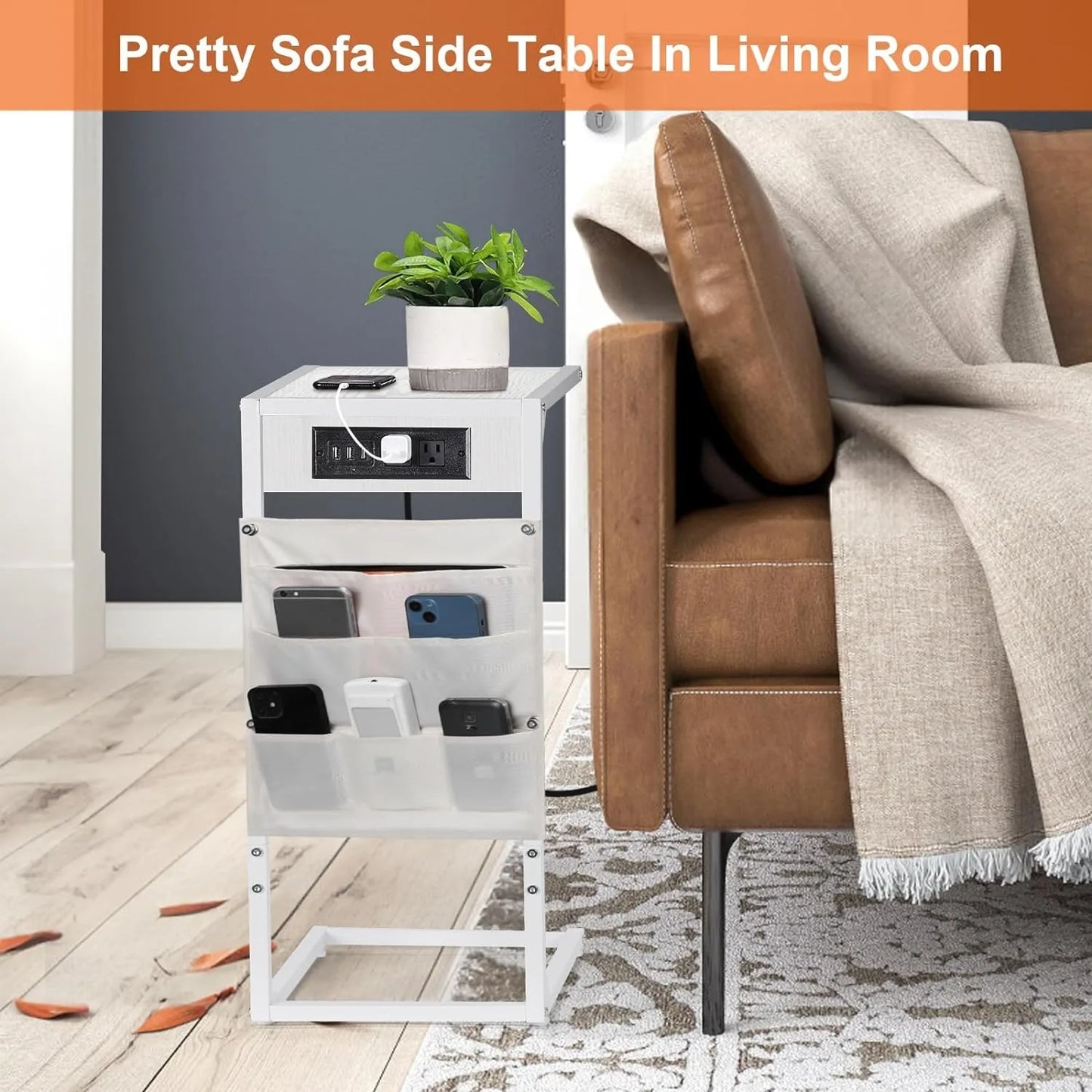 C Shaped End Table Set of 2, Side Tables with Charging Station, Couch Tables That Slide Under with Cloth Bag, Snack Sofa Table,