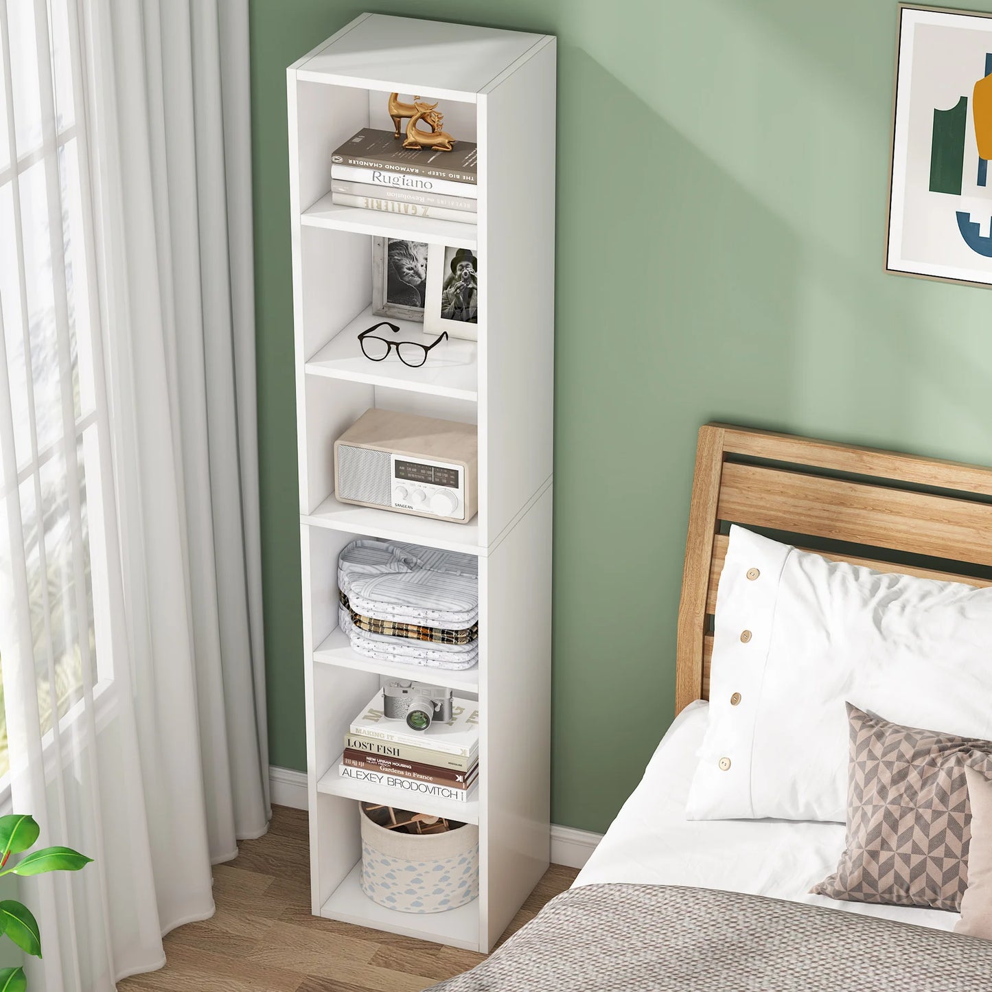 Tribesigns 70.9 Inch Tall Narrow Bookcase, Modern White Corner Bookcase with Storage, 6 Tier Cube Display Shelves