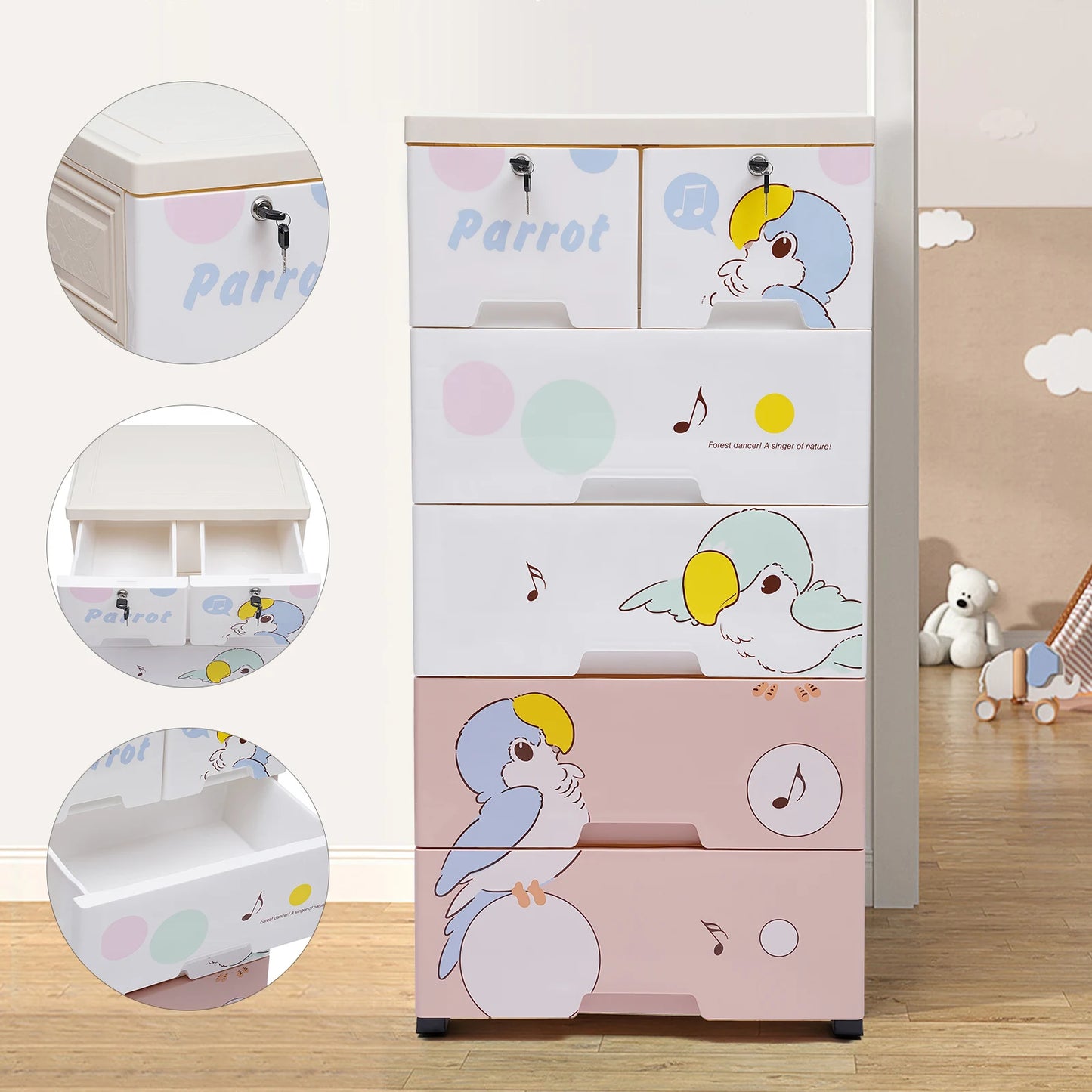 Dresser Storage Tall Dresser Organizer 5 Layers 6 Drawer Plastic Closet Rolling Parrot Cabinet  Clothes Organizer with Lock