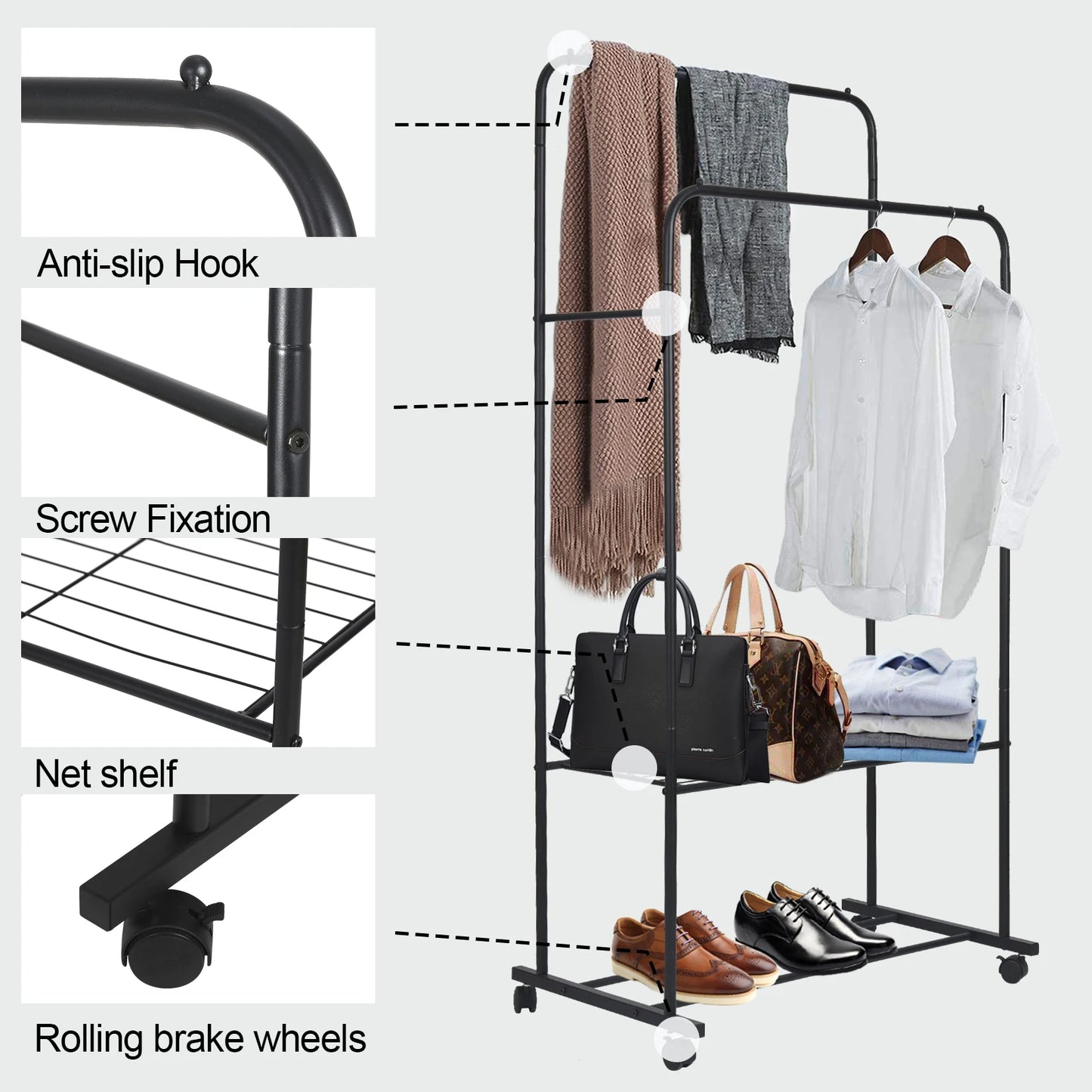 1.5m Large Clothes Rack Double Rail Rolling Stand Shoes Rack Storage Shelf White