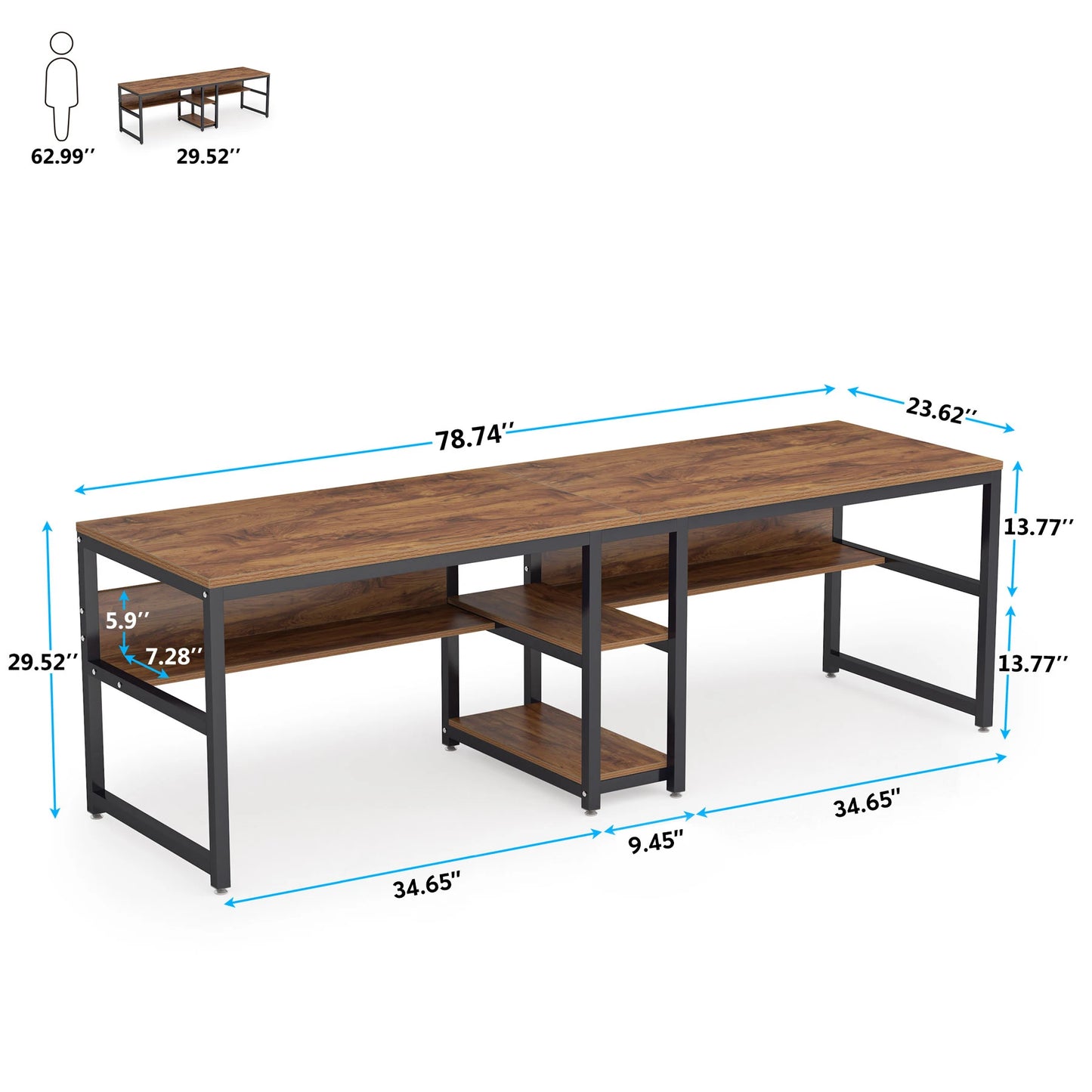 Tribesigns Two Person Desk with Bookshelf, 78.7 Computer Office Double Desk for Two Person, Rustic Writing Desk Workstation