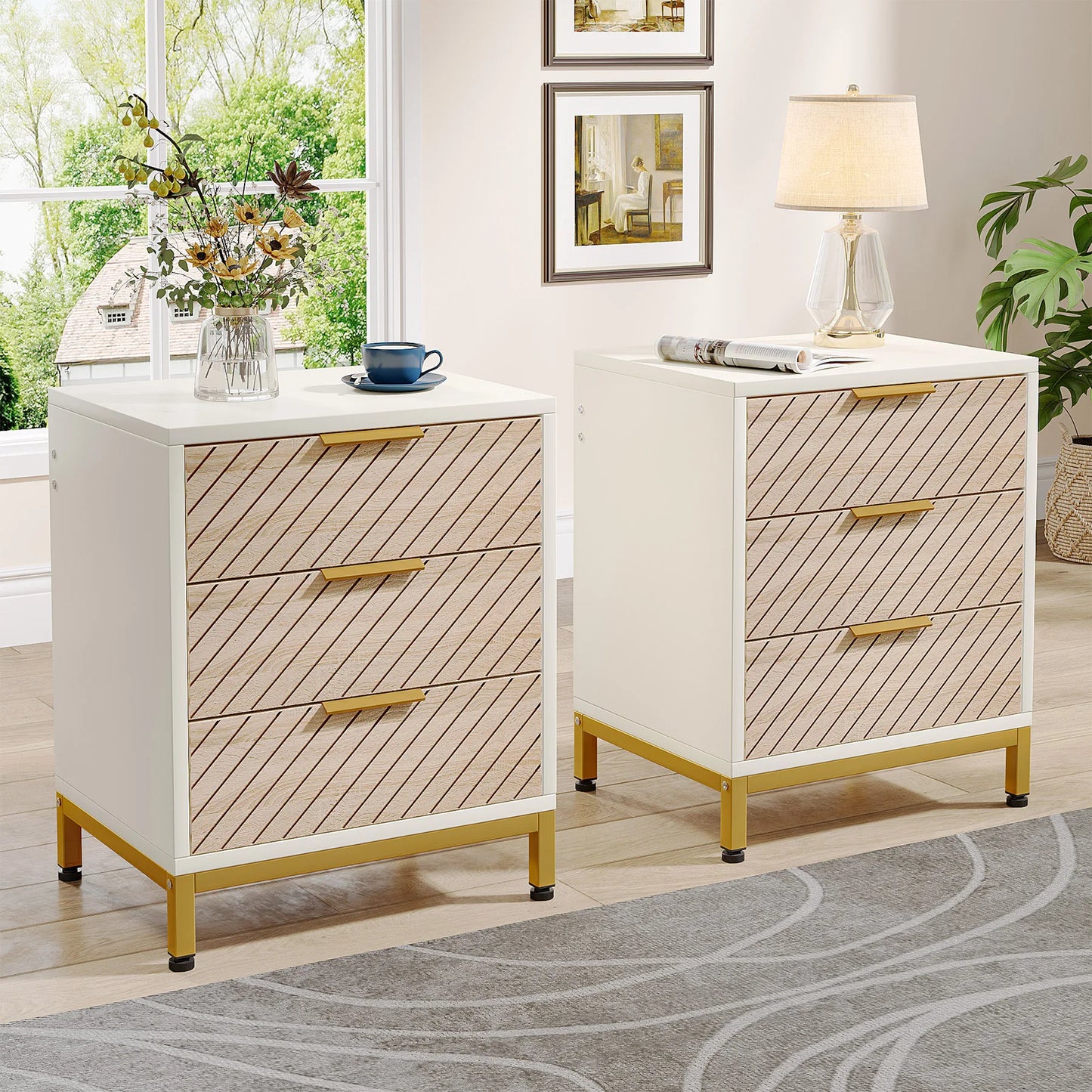 Tribesigns Night Stands for Bedrooms, White and Gold Light Wood Grain Nightstands with 3 Drawers Bedside Tables