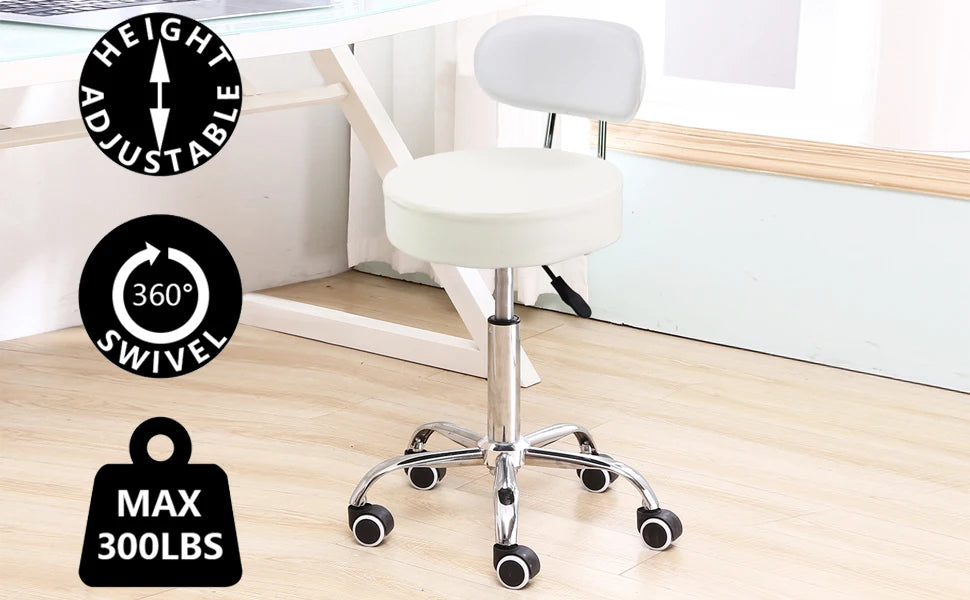 KKTONER PU Leather Rolling Stool with Mid Back Height Adjustable Office Home Drafting Swivel Task Chair with Wheels White