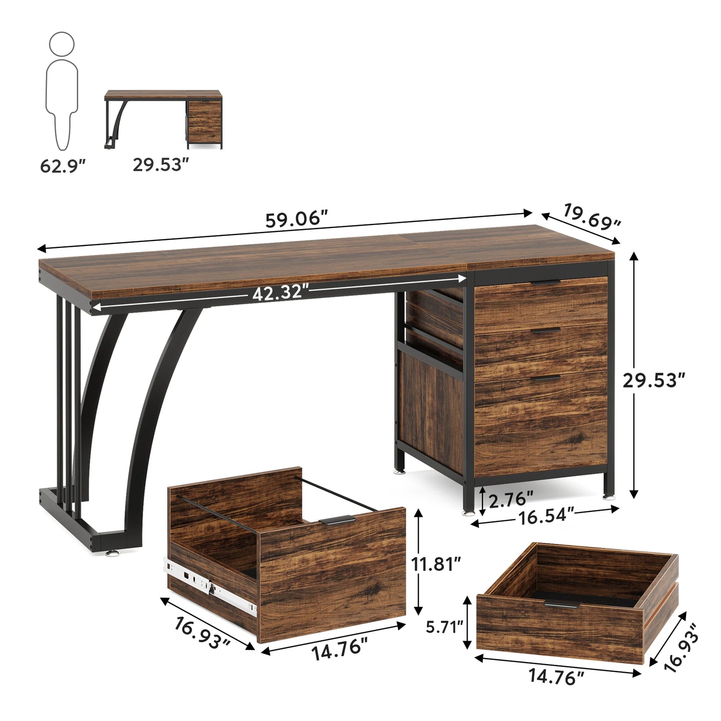 Tribesigns Computer Desk with 3 Drawers, 59-Inch PC Desk with Reversible Drawers, Industrial Study Writing Table Workstation