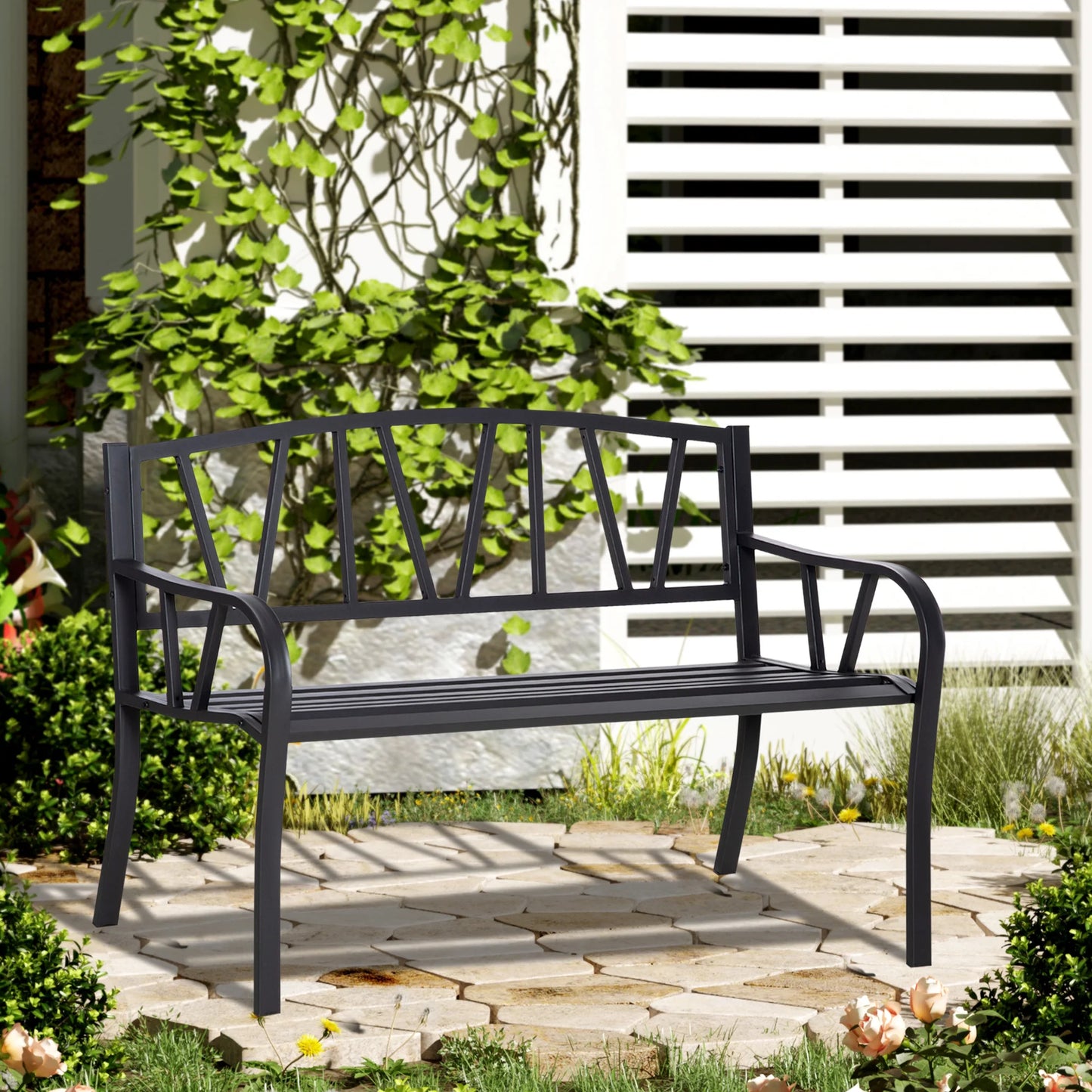 50.5" x 22" 2-Person Garden Bench w/ Ergonomic Armrests & Slatted Seat Design