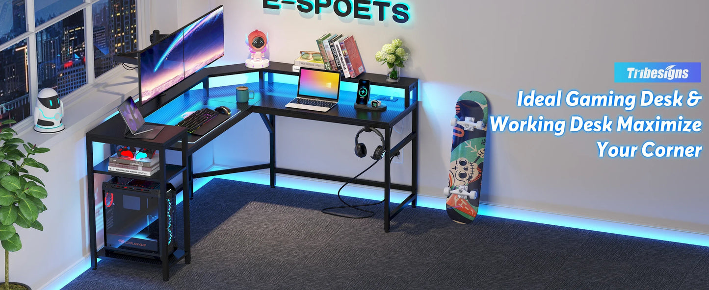 Tribesigns Black Gaming Desk with Power Outlets & LED Strips, L-Shaped Computer Desk with Storage Shelves, Writing Desk