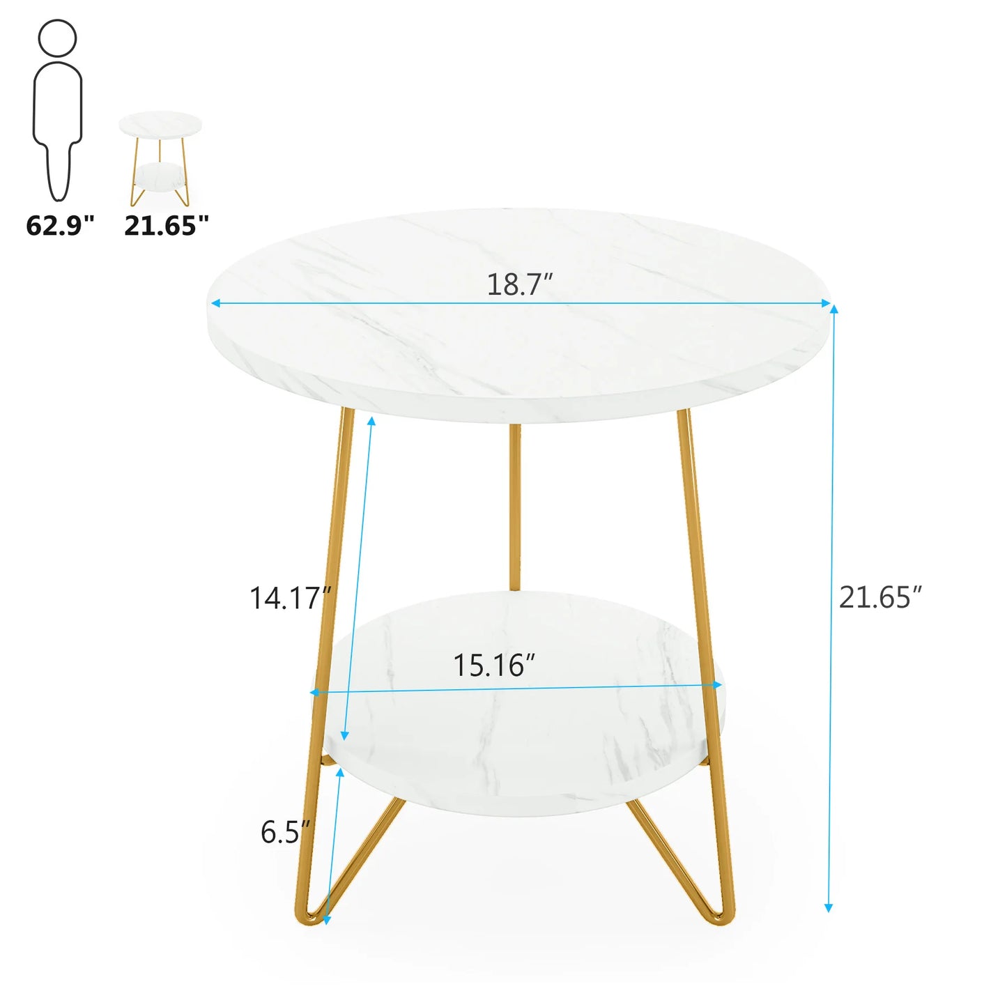 Tribesigns Faux Marble End Table, 2 Tier Round Side Table with Shelves, Modern Nightstand Bedside Table Small Coffee Table