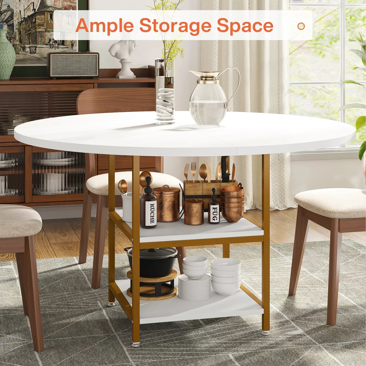 Tribesigns 47 inch Round Dining Table for 4, Wood Kitchen Table Large Dinner Table with Storage Shelf for Home Dining Room