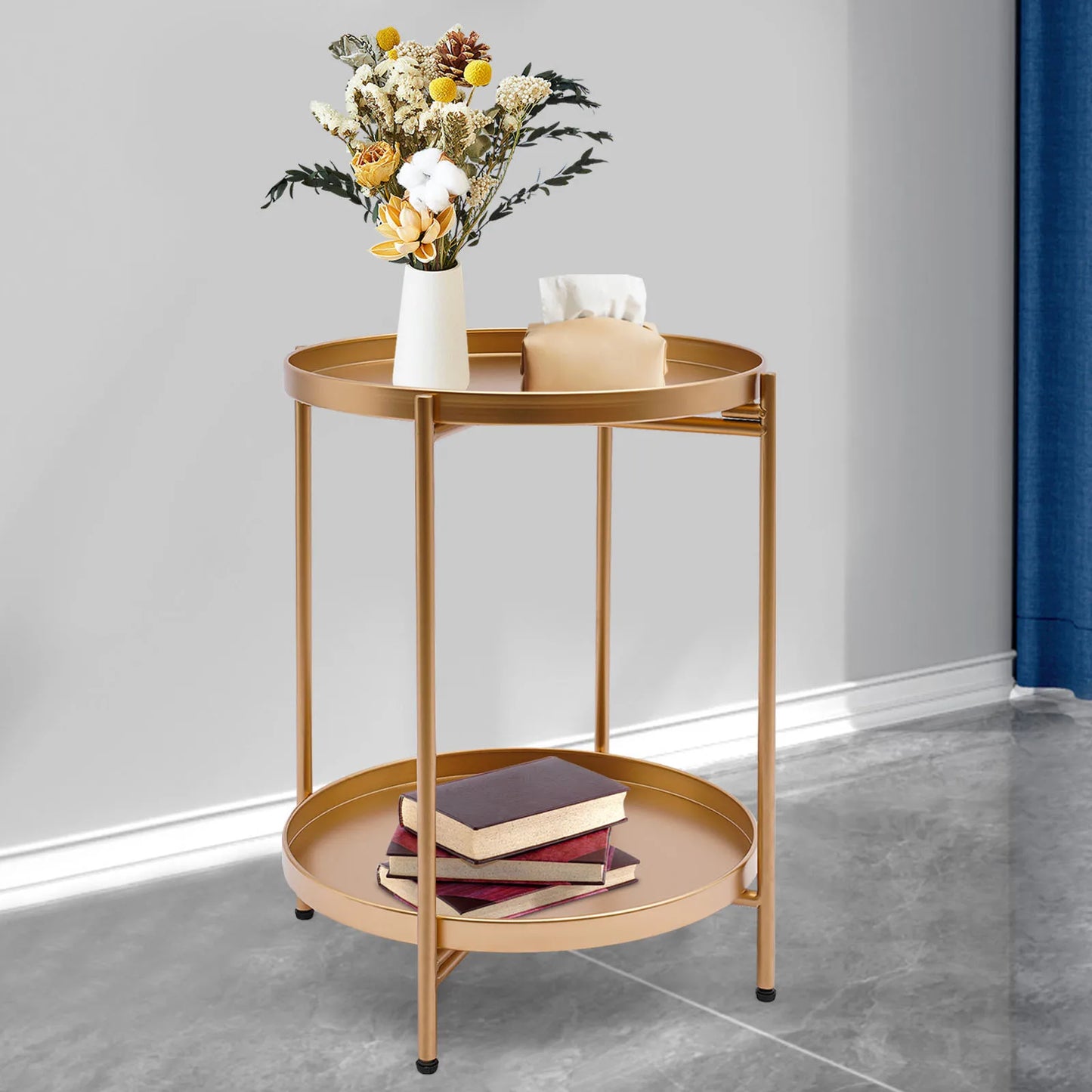 Outdoor or Home 2 Tier Round Gold Side Table Used as a Dining Table Bedroom Nightstand Garden or Camping Table Outdoor Furniture