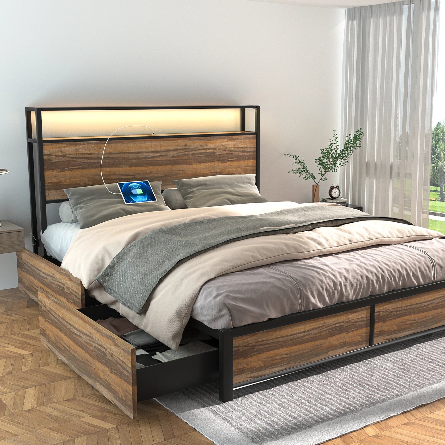 Queen/Full Bed Frame with Charging Station & Led Lights, Platform Bed Frame with 4 Storage Drawers and Headboard