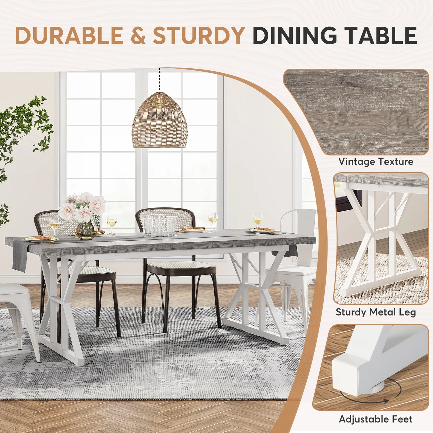 Tribesigns Dining Table for 6 People, 70.8-Inch Rectangular Wood Dining Table, Rustic Kitchen Table with Heavy Duty Metal Legs