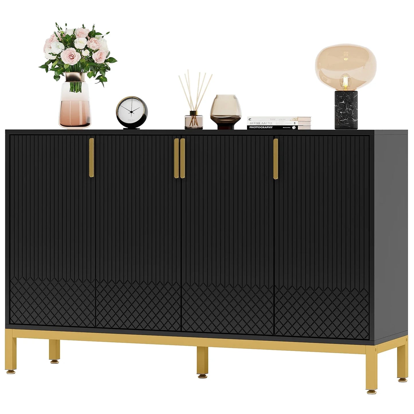 Tribesigns Black Storage Cabinet, 59 Inch Console Cabinet Sideboard Buffet Cabinet with 4 Doors, Entryway Cupboard Furniture