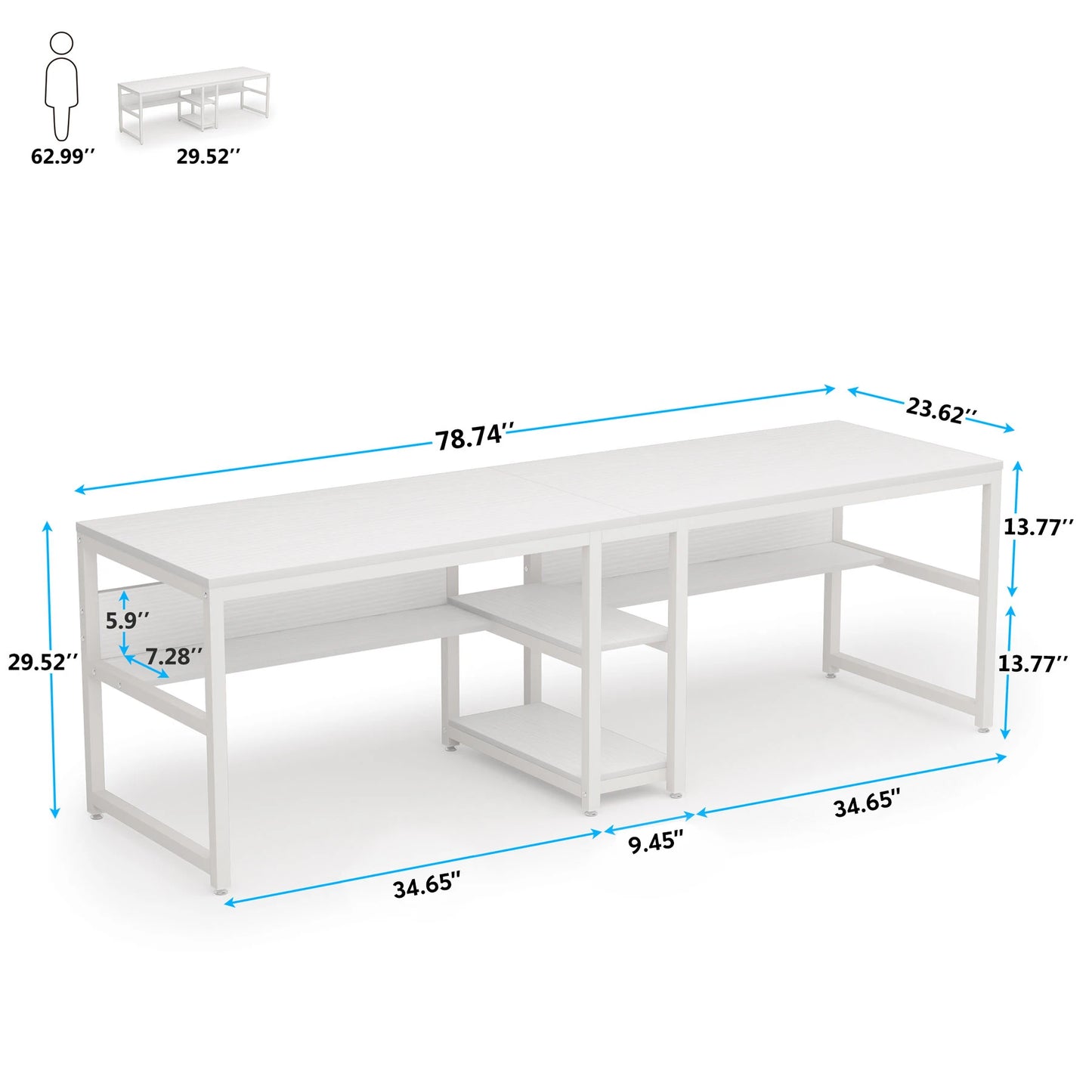 Tribesigns Two Person Desk with Bookshelf, 78.7 Computer Office Double Desk for Two Person, Rustic Writing Desk Workstation