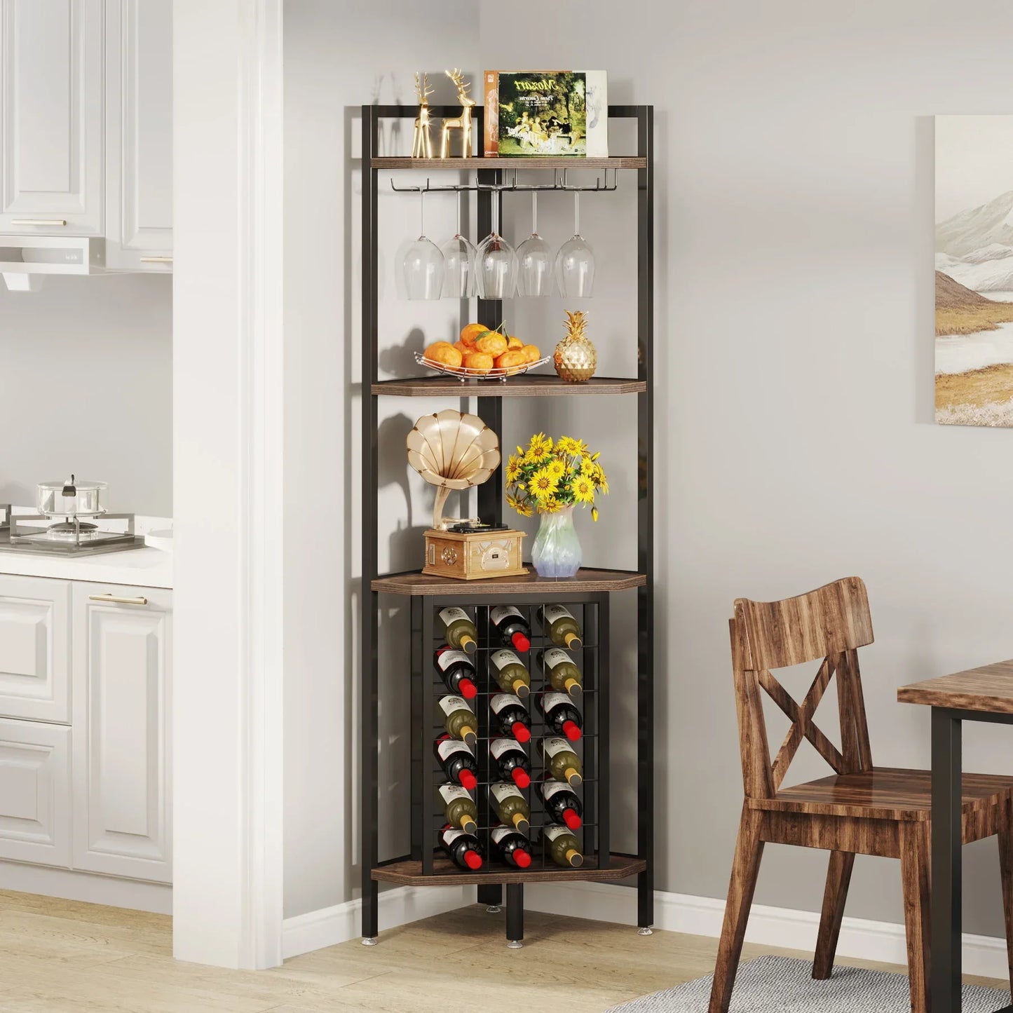 Tribesigns Wine Rack Bar Cabinet 4 Tier Corner Shelf with Glass Holder