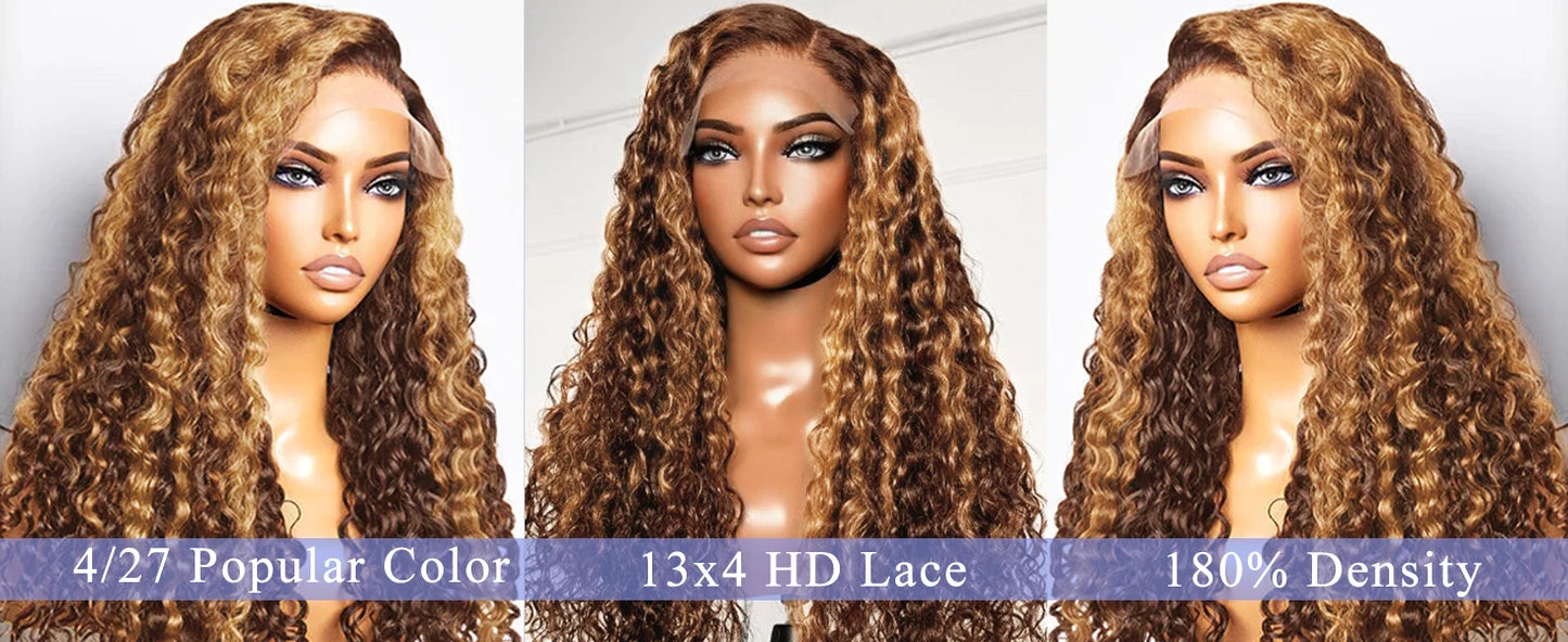 Honey Blonde Deep Water Wave 13x6 HD Lace Frontal Wig Human Hair Highlight Curly Human Hair Wigs 30 32 34 Inch