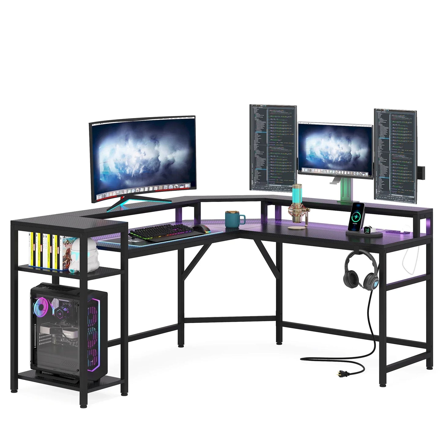 Tribesigns Black Gaming Desk with Power Outlets & LED Strips, L-Shaped Computer Desk with Storage Shelves, Writing Desk