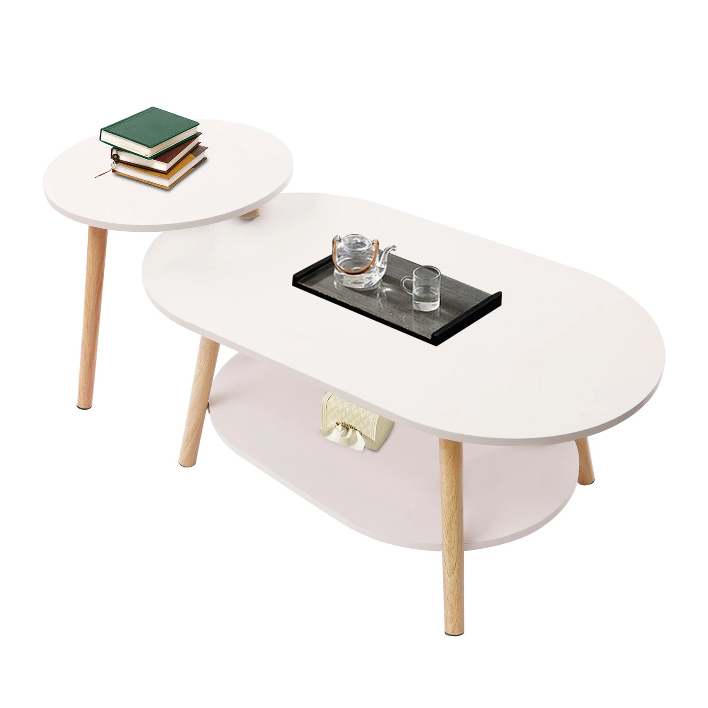 2 Tier Combination Coffee Table MDF Solid White Tea Table with Open Shelving for Storage and Display Modern Living Room