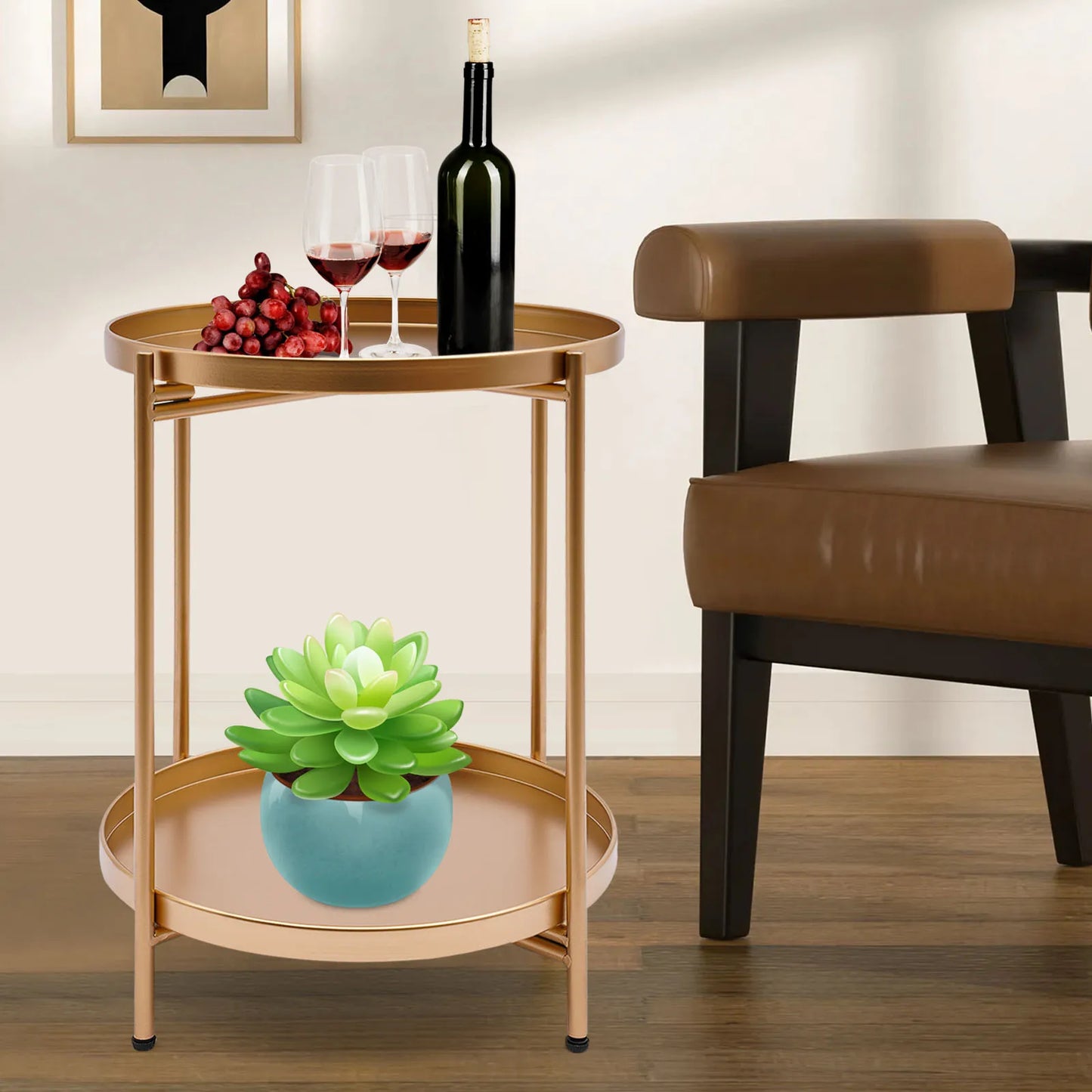 Outdoor or Home 2 Tier Round Gold Side Table Used as a Dining Table Bedroom Nightstand Garden or Camping Table Outdoor Furniture