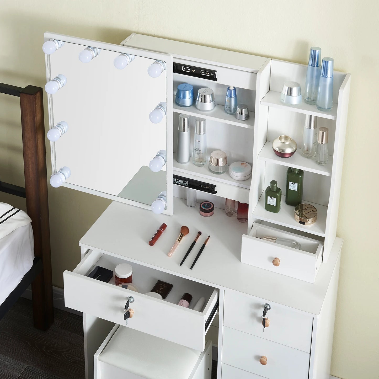 Makeup Vanity Table with Drawers, Vanity Desk Set with Shelves, Dresser Desk and Cushioned Stool Set White for Women