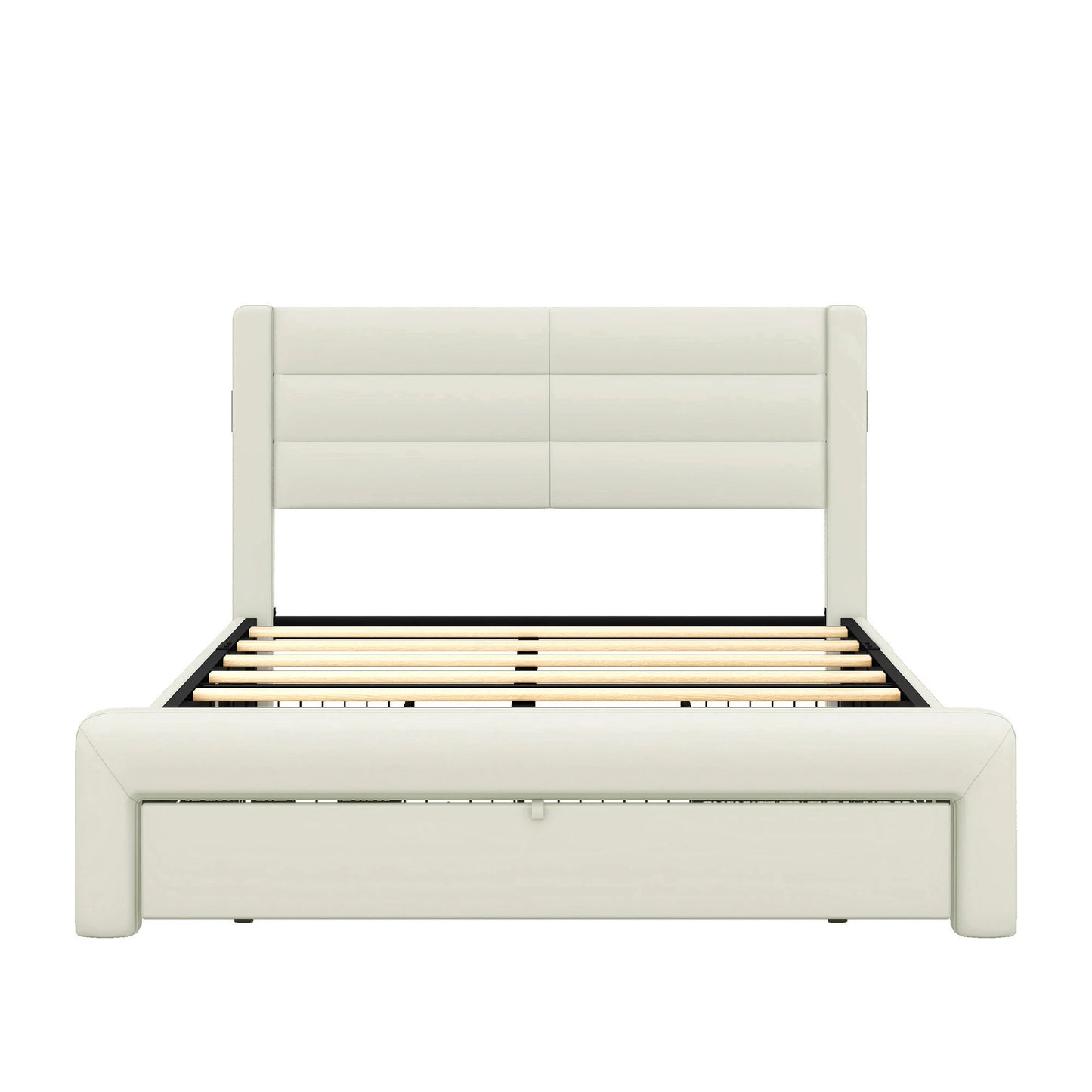 Queen Size Bed Frame with Drawers Storage, Leather Upholstered Platform Bed with Charging Station