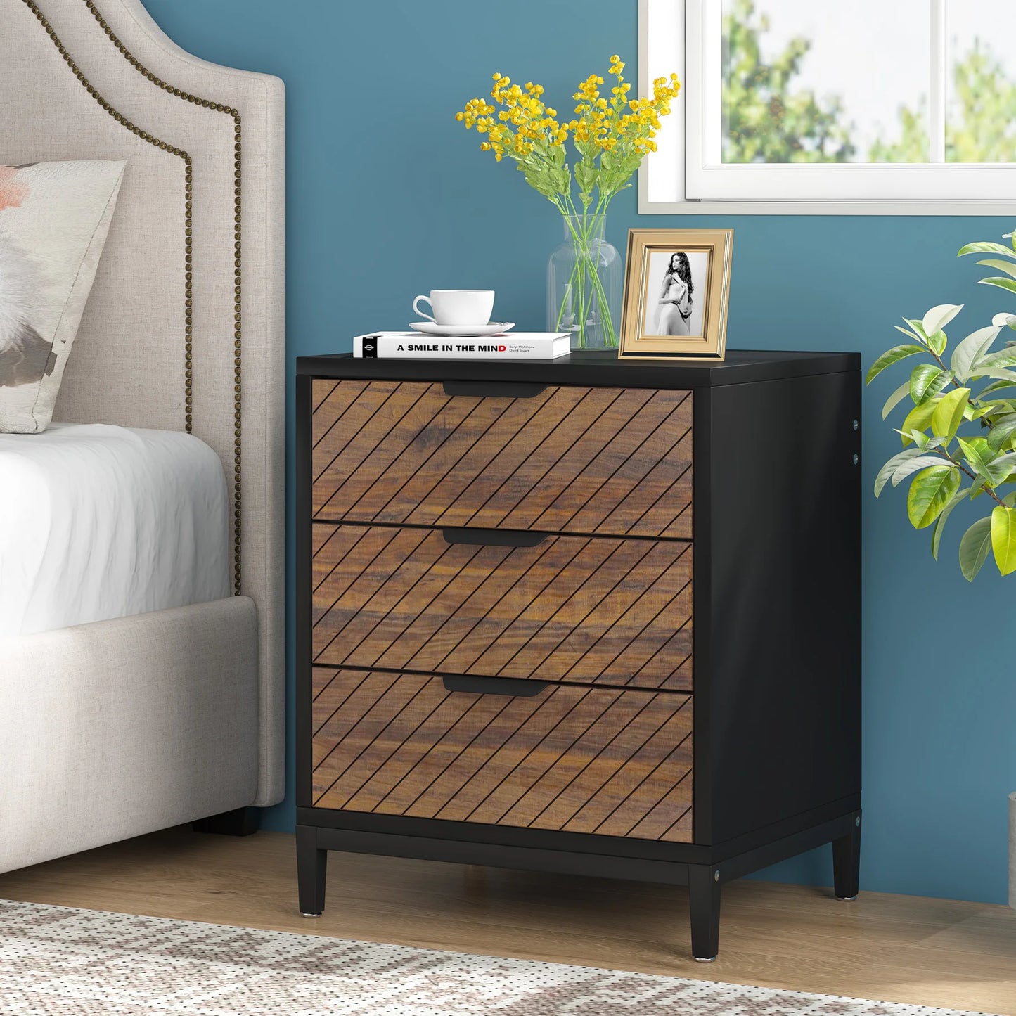 Tribesigns Night Stands for Bedrooms, White and Gold Light Wood Grain Nightstands with 3 Drawers Bedside Tables