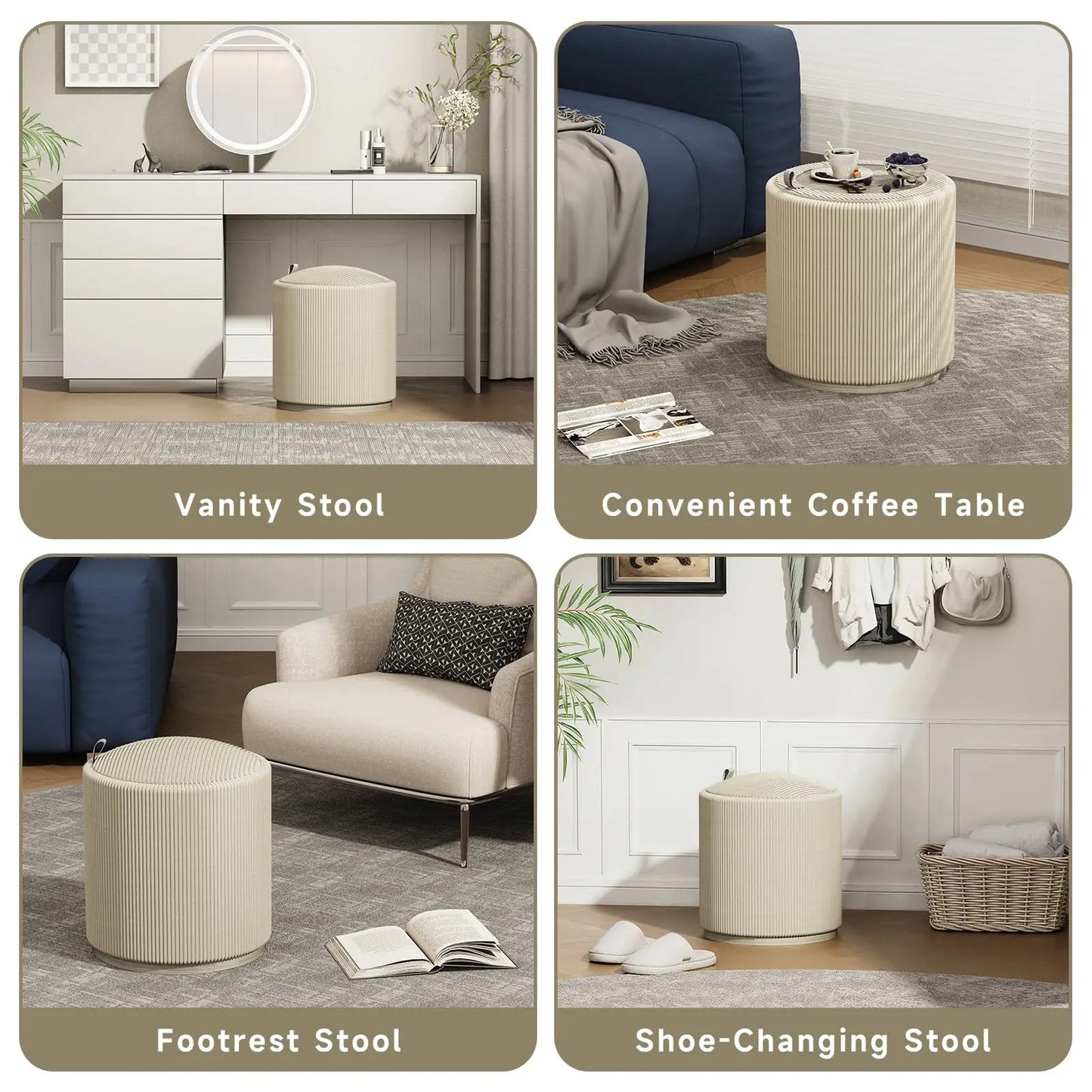 Round Storage Stools Ottoman Makeup Vanity Organizer Chair with Removable Lid Wood Upholstered Footrest for Living Room Bedroom