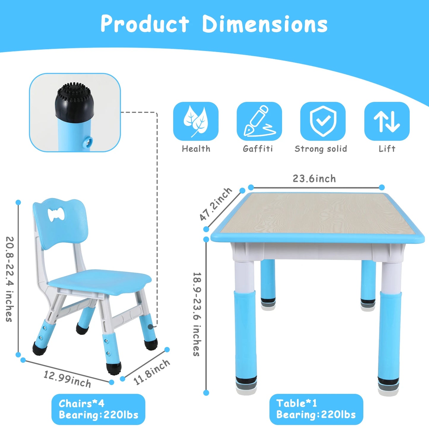 AOOU 47.2‘’ Kid Table and 4 Chairs Set, Height Adjustable Toddler Study Table&Chair Set for Age 2-10, Multi-Activity Art Table