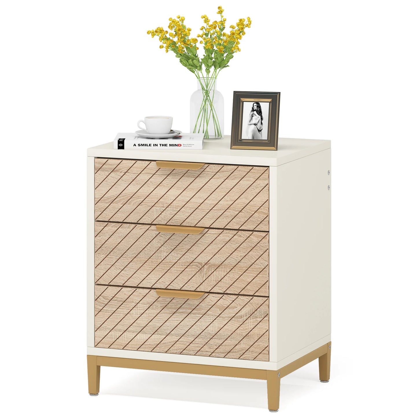 Tribesigns Night Stands for Bedrooms, White and Gold Light Wood Grain Nightstands with 3 Drawers Bedside Tables