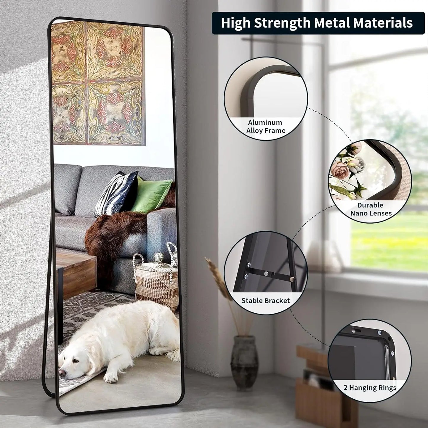 59"x16" Floor Full Length Mirror Standing Full Body Rounded Corner Rectangle Mirrors with Stand Hanging Wall Mounted Leaning