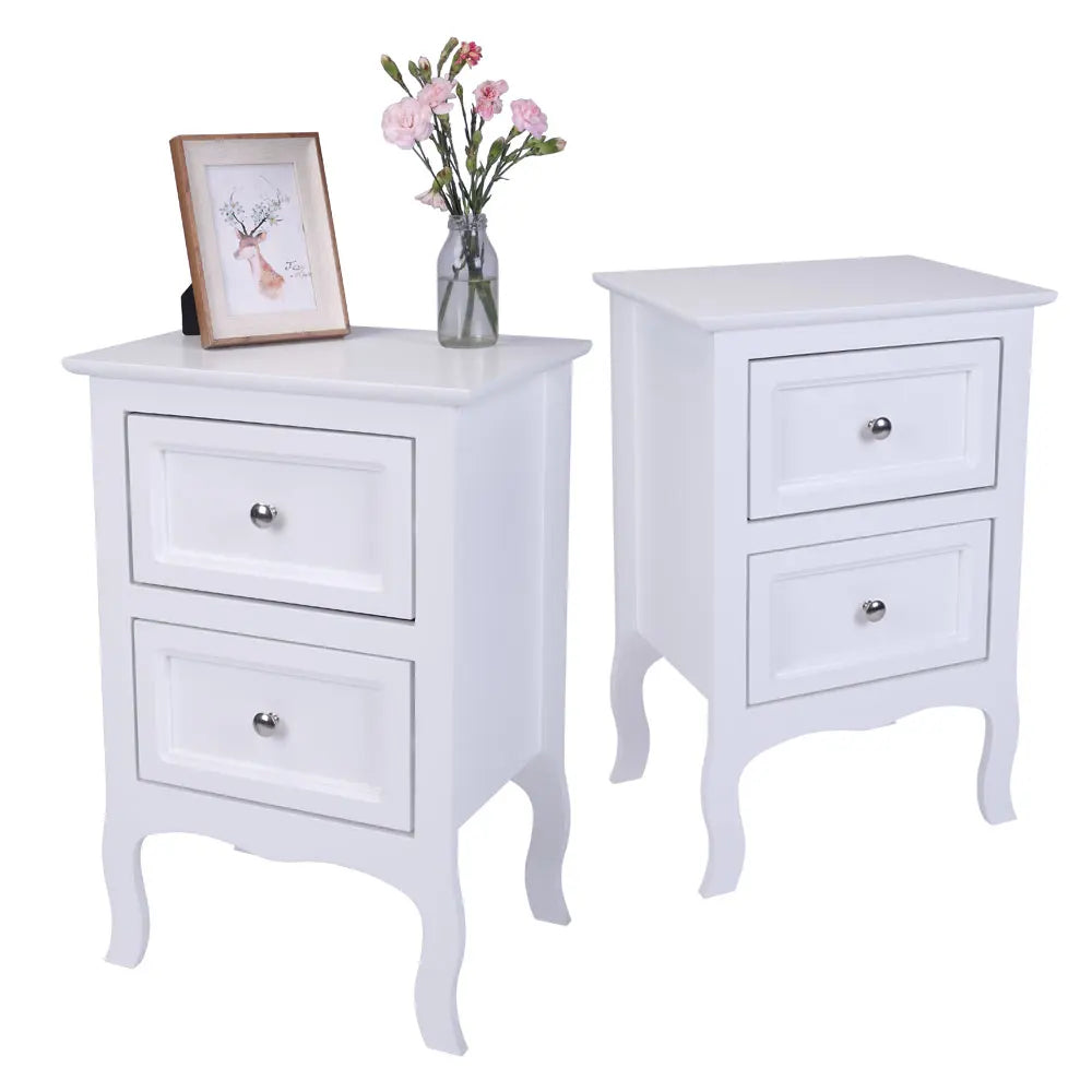 2pcs Country Style Nightstand 2-Tier Night Tables Large Size Bedside Table End Table White/Grey/Brown[US-W]