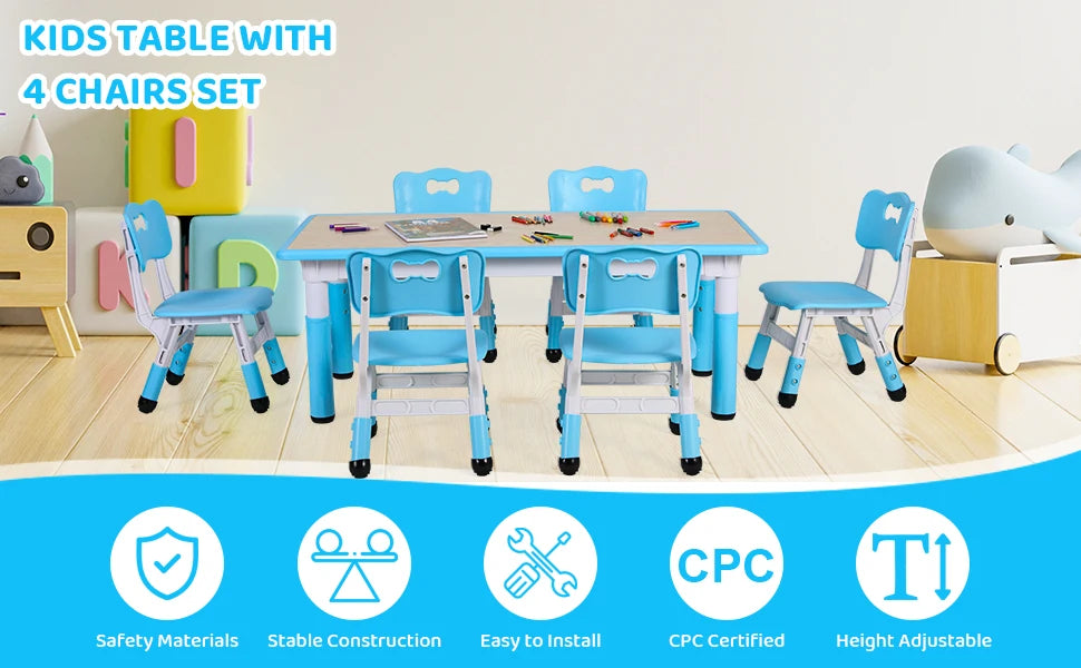 AOOU Kids Table and 6 Chairs Set, Height Adjustable Graffiti Table, Preschool Activity Art Craft Table, Daycare Classroom Home