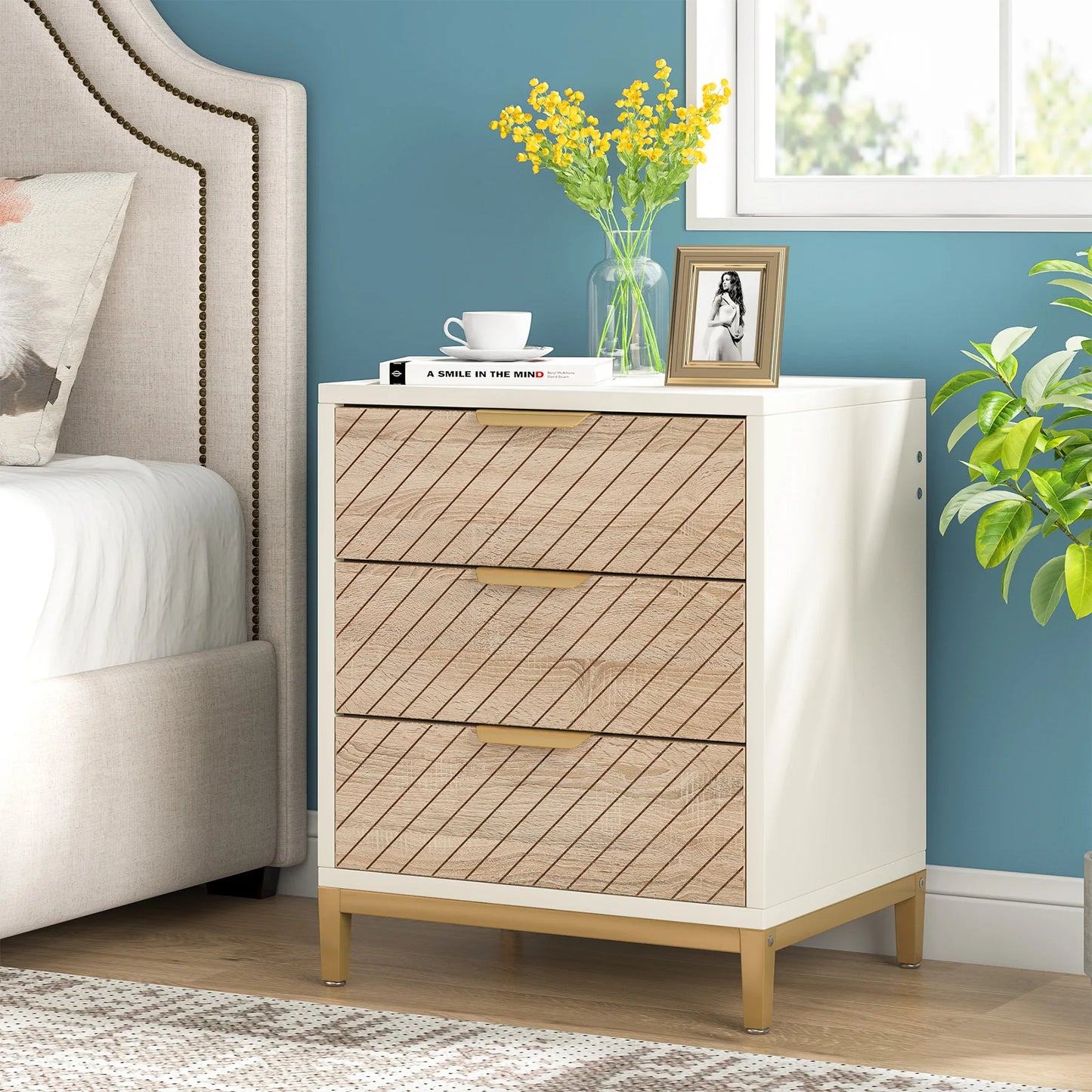 Tribesigns Night Stands for Bedrooms, White and Gold Light Wood Grain Nightstands with 3 Drawers Bedside Tables