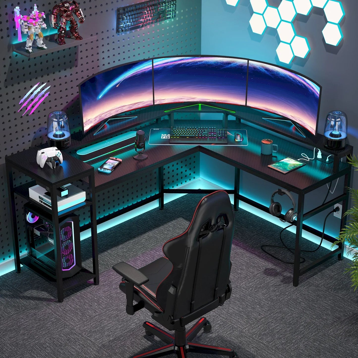 Tribesigns Black Gaming Desk with Power Outlets & LED Strips, L-Shaped Computer Desk with Storage Shelves, Writing Desk