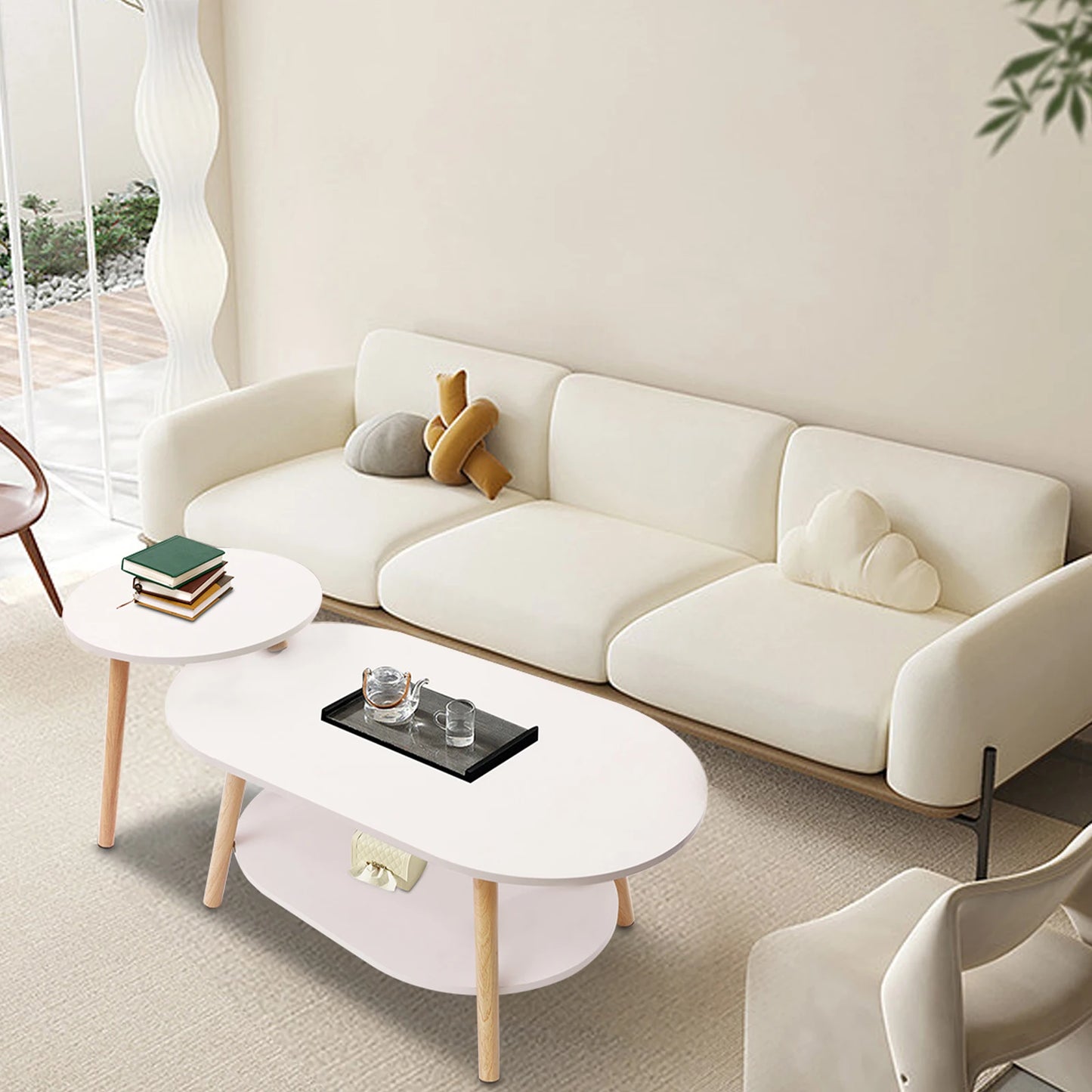 2 Tier Combination Coffee Table MDF Solid White Tea Table with Open Shelving for Storage and Display Modern Living Room