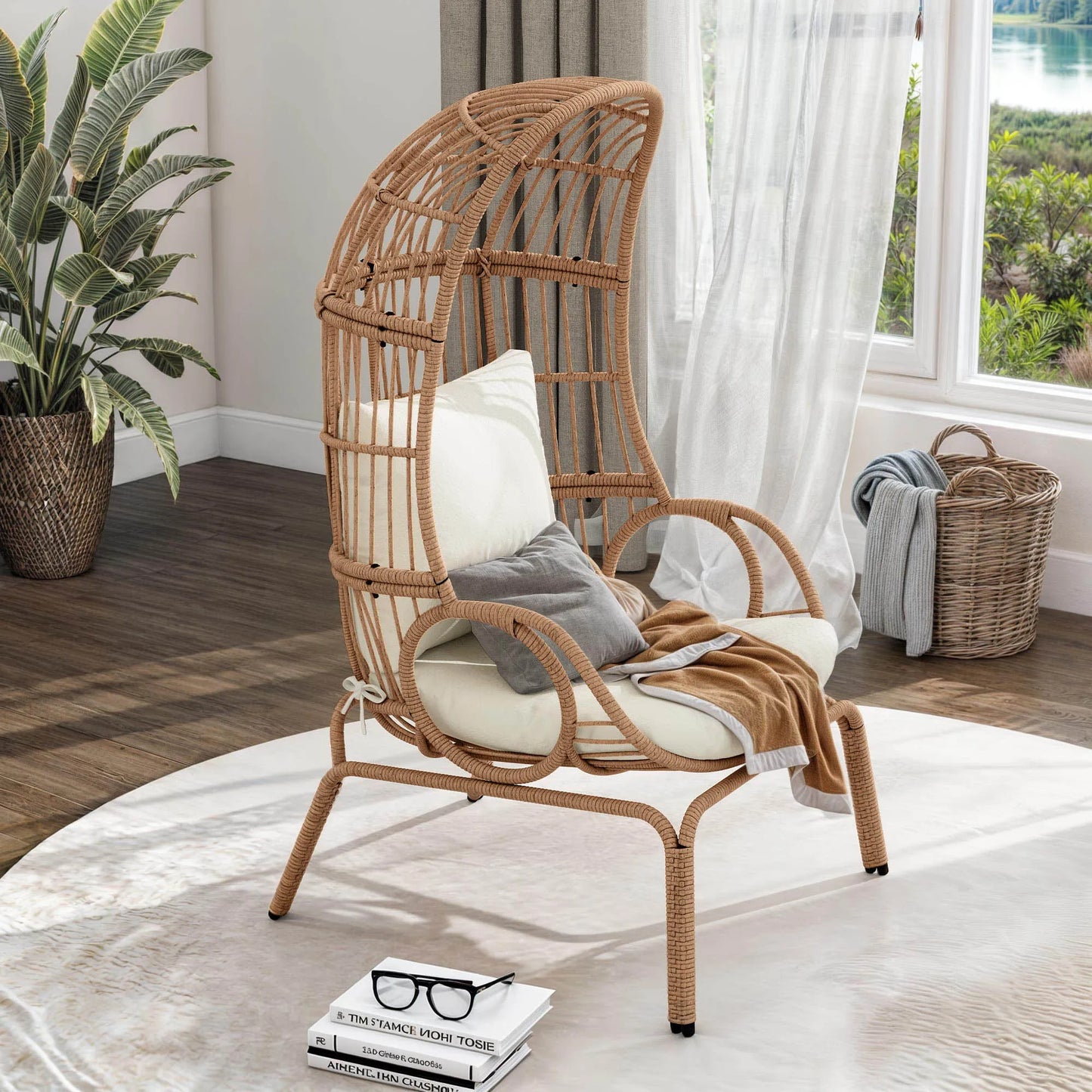 Patio Basket Egg Chair Wicker Chair Seat Cushion with Stand for Bedroom Balcony