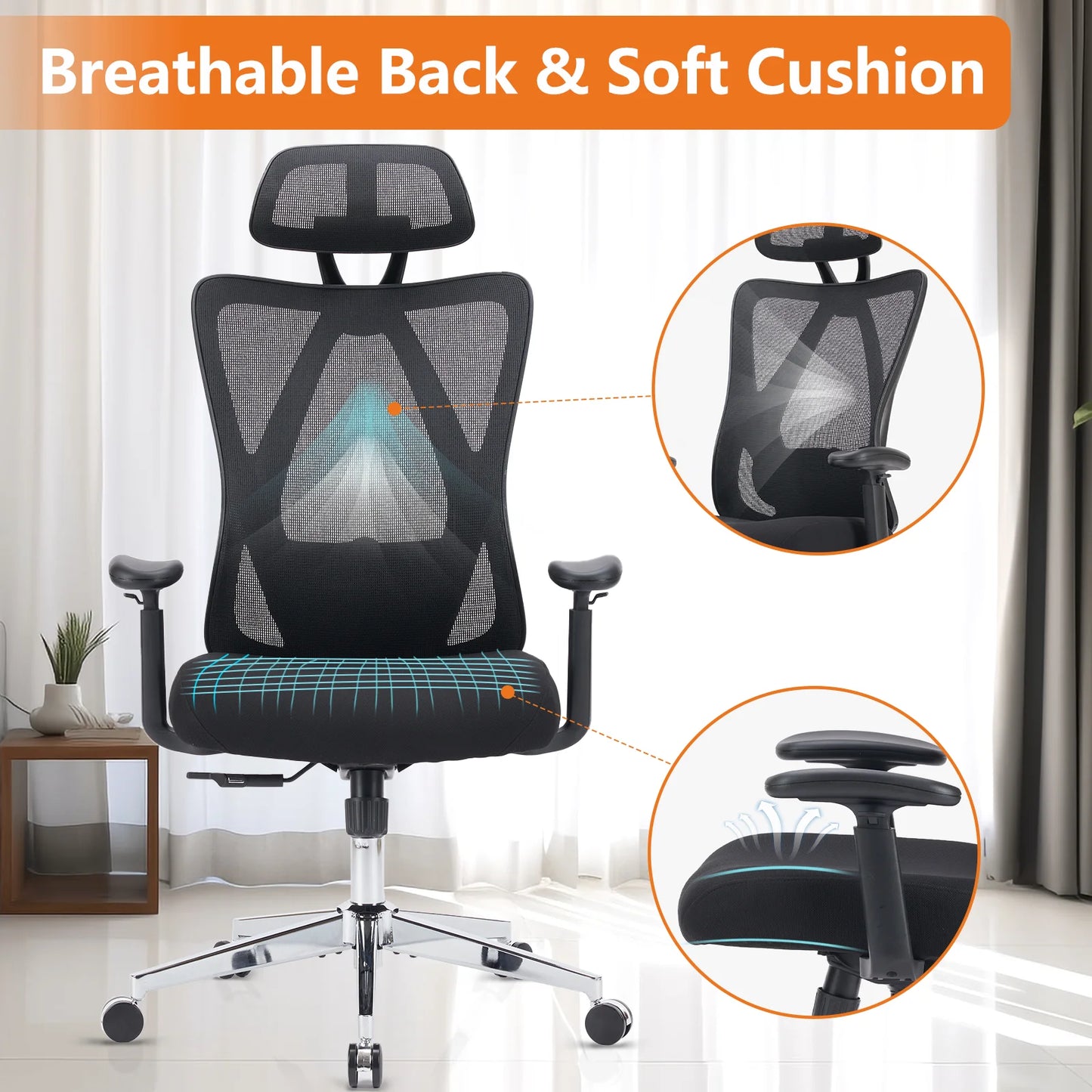 JHK Ergonomic Lumbar Support Mesh Backrest Office Chair Adjustable Height Headrest Breathable Back Rolling Swivel Gaming Chairs