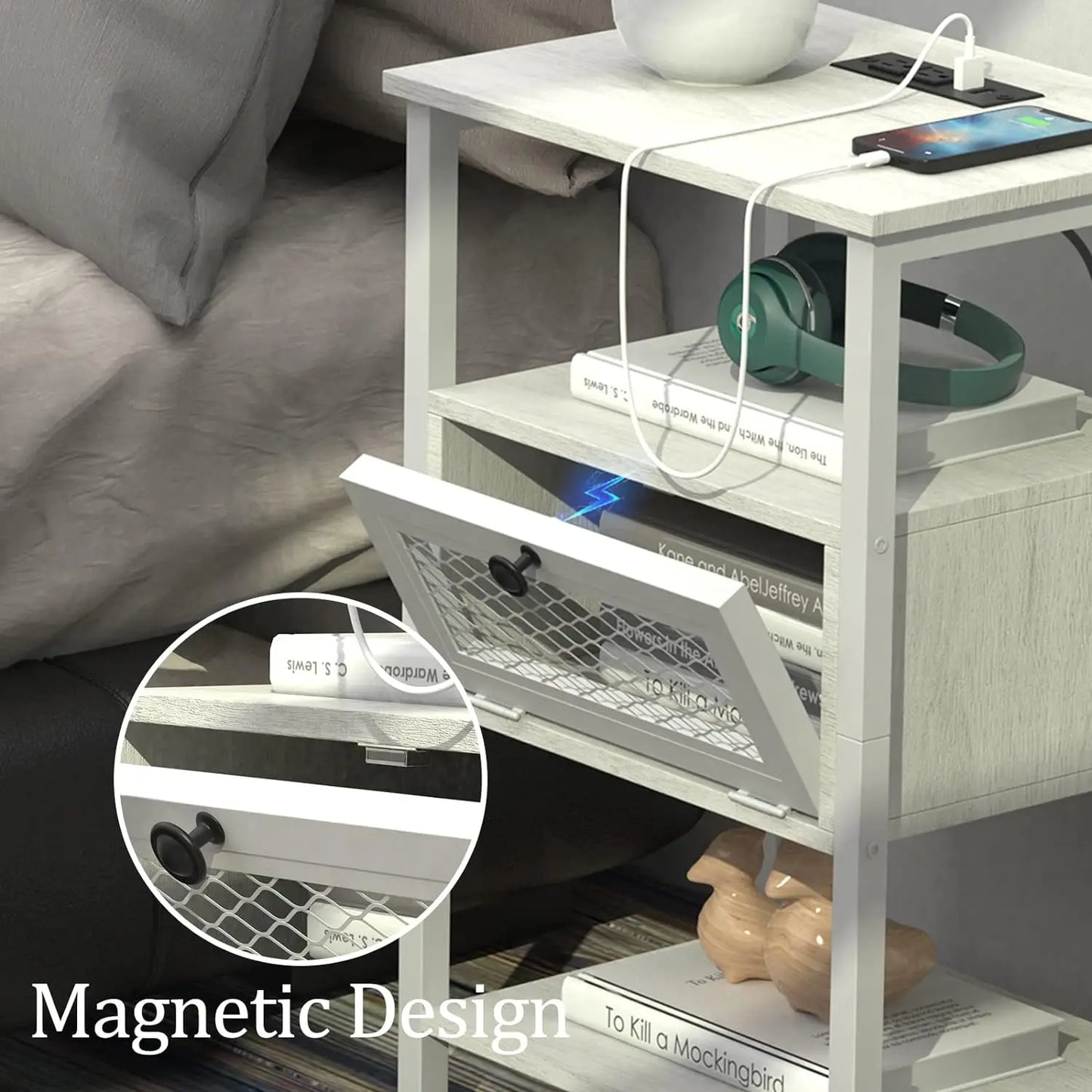 Set of 2 Nightstand Charging Station End Side Table Flip Storage Drawer Bedroom Bedside Table