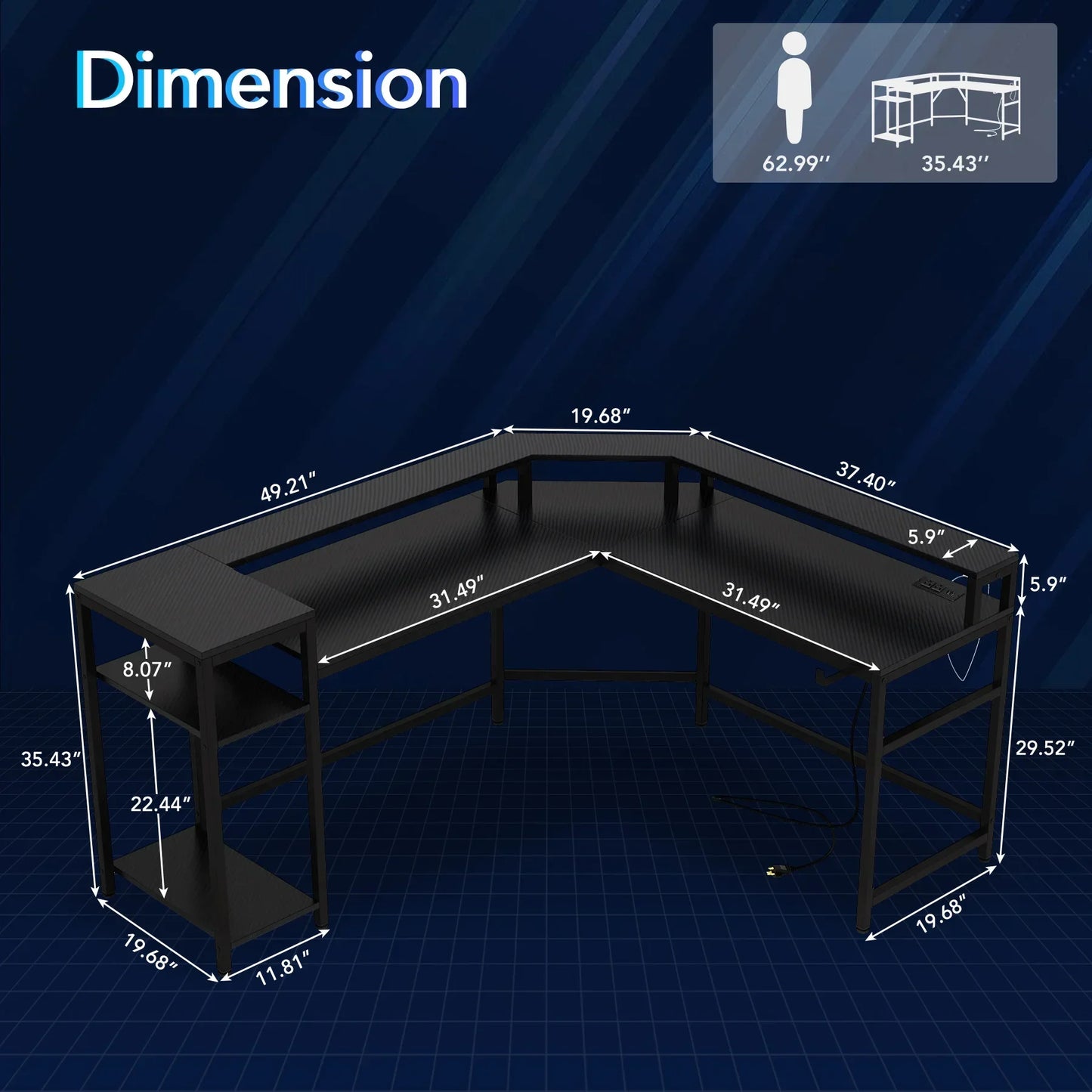 Tribesigns Black Gaming Desk with Power Outlets & LED Strips, L-Shaped Computer Desk with Storage Shelves, Writing Desk