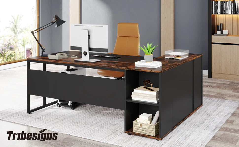 Tribesigns 71 inch Executive Desk, L Shaped Desk with Cabinet Storage, Executive Office Desk with Shelves